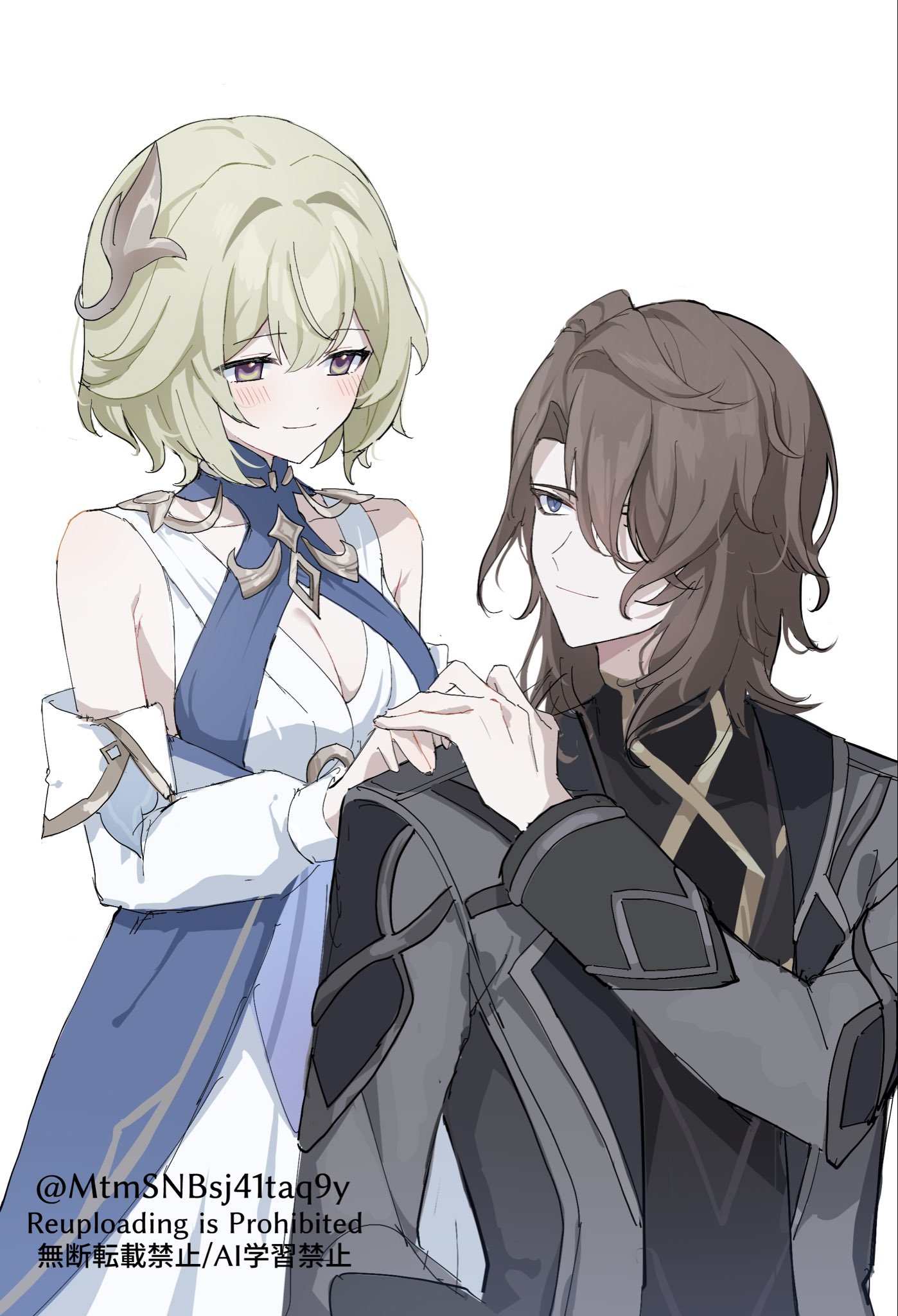 mtmsnbsj41taq9y, sakusan (vofmkj08), rerir (genshin impact), genshin impact, highres, 1boy, 1girl, bare shoulders, behind another, black shirt, blonde hair, blue dress, blue eyes, blush, breasts, brown eyes, brown hair, cleavage, cleavage cutout, clothing cutout, coat, collarbone, couple, detached sleeves, dress, gold trim, grey coat, grey sleeves, hair ornament, hair over one eye, half-closed eyes, hand on another's hand, hand on another's shoulder, hand up, hetero, lapels, large breasts, layered dress, long sleeves, looking at another, open clothes, open coat, shirt, short hair, smile, tholindis (genshin impact), twitter username, undershirt, watermark, white background, white dress, white sleeves