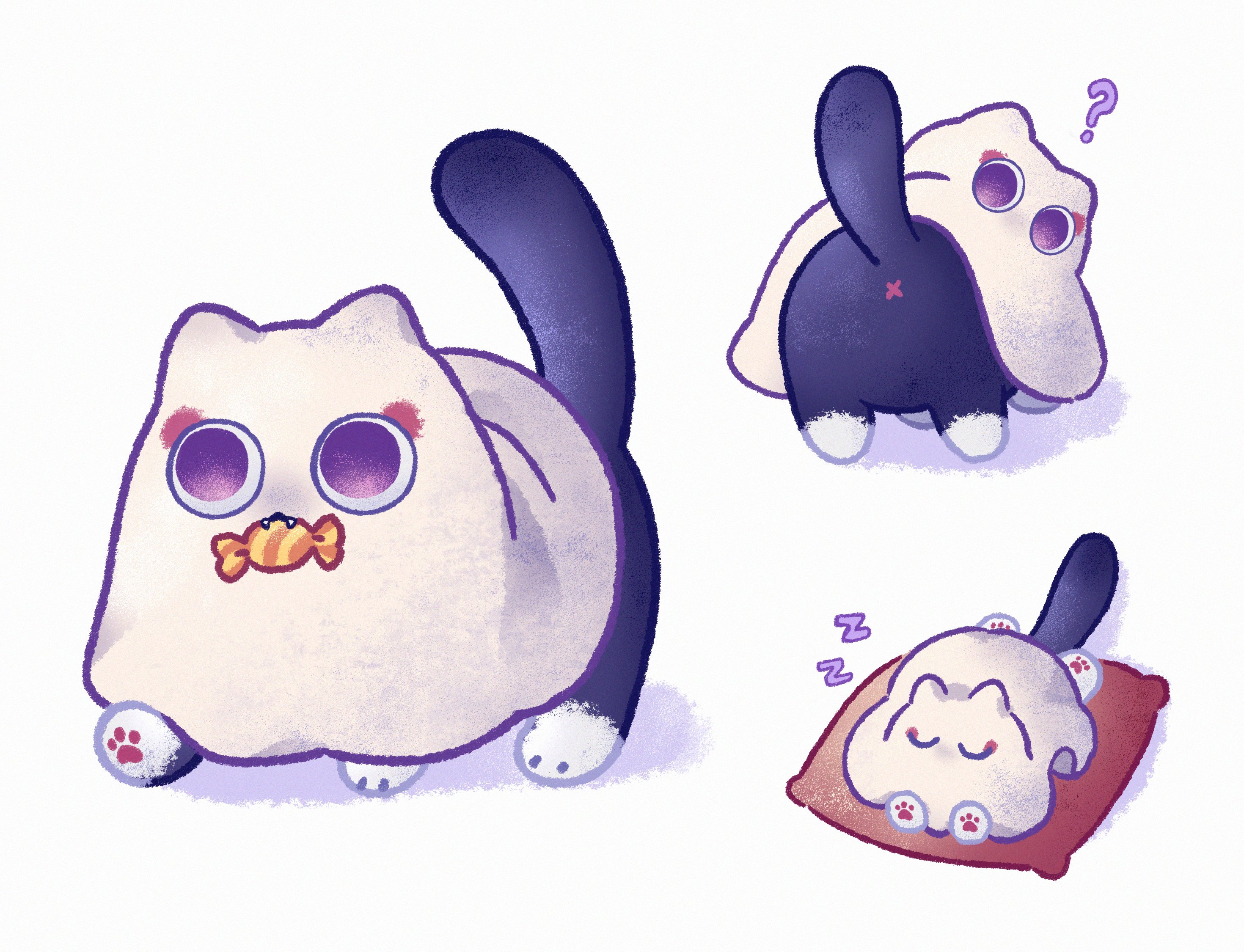 hana97 58, scaramouche (cat) (genshin impact), scaramouche (genshin impact), genshin impact, highres, ?, animalization, candy, cat, closed eyes, fang, food, food in mouth, ghost costume, looking at viewer, looking back, lying, multiple views, no humans, on pillow, on stomach, purple cat, purple eyes, sheet ghost, sleeping, tail raised, walking, white background, x anus, zzz