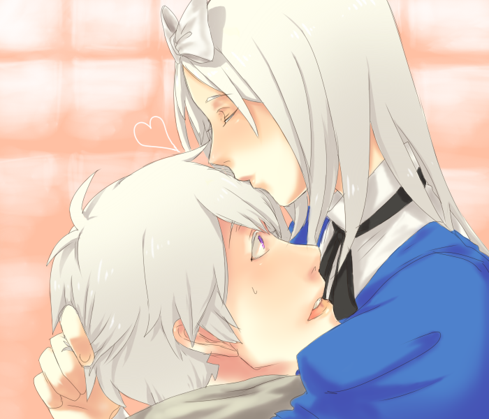 tori shiru, belarus (hetalia), russia (hetalia), axis powers hetalia, silver hair, bad id, bad pixiv id, 00s, 1boy, 1girl, blush, closed eyes, couple, hair ribbon, heart, hetero, hug, kiss, long hair, purple eyes, ribbon, short hair, siblings, surprised