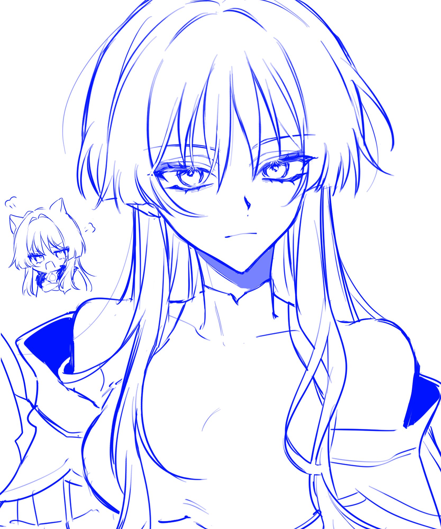 scaramouche (genshin impact), genshin impact, highres, 1girl, alternate hair length, alternate hairstyle, animal ears, baobei mill, bare shoulders, black bodysuit, blunt ends, bodysuit, breasts, cat ears, closed mouth, covered collarbone, crossed arms, expressionless, eyelashes, eyeliner, eyeshadow, fur collar, genderswap, genderswap (mtf), long hair, long sidelocks, looking at viewer, makeup, mandarin collar, medium breasts, monochrome, off shoulder, open mouth, puff of air, sidelocks, solo, tsurime, wispy bangs