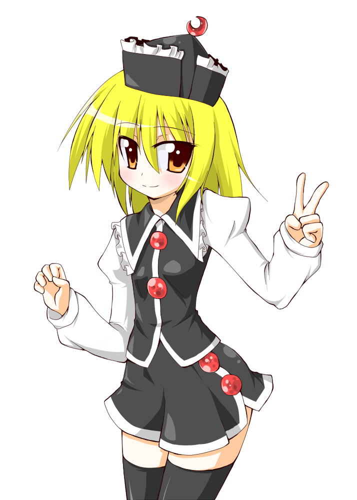 ascii winter village, fuyumura asuki, lunasa prismriver, touhou, 1girl, blonde hair, female focus, flat chest, hat, orange eyes, short hair, smile, solo, thighhighs, tsurime, v, zettai ryouiki