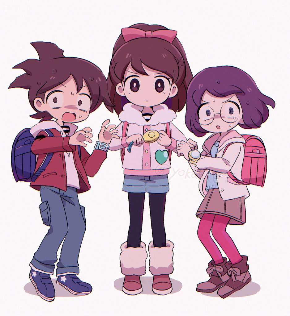 koko ue, amano keita, kodama fumika, misora inaho, youkai watch, 1boy, 2girls, backpack, bag, black pantyhose, blue bag, boots, bow, brown boots, brown eyes, brown hair, brown skirt, crime prevention buzzer, glasses, grey pants, grey shorts, hair bow, jacket, long hair, looking at viewer, multiple girls, open clothes, open jacket, open mouth, pants, pantyhose, pink bag, pink bow, pink pantyhose, red jacket, round eyewear, short hair, shorts, simple background, skirt, white background