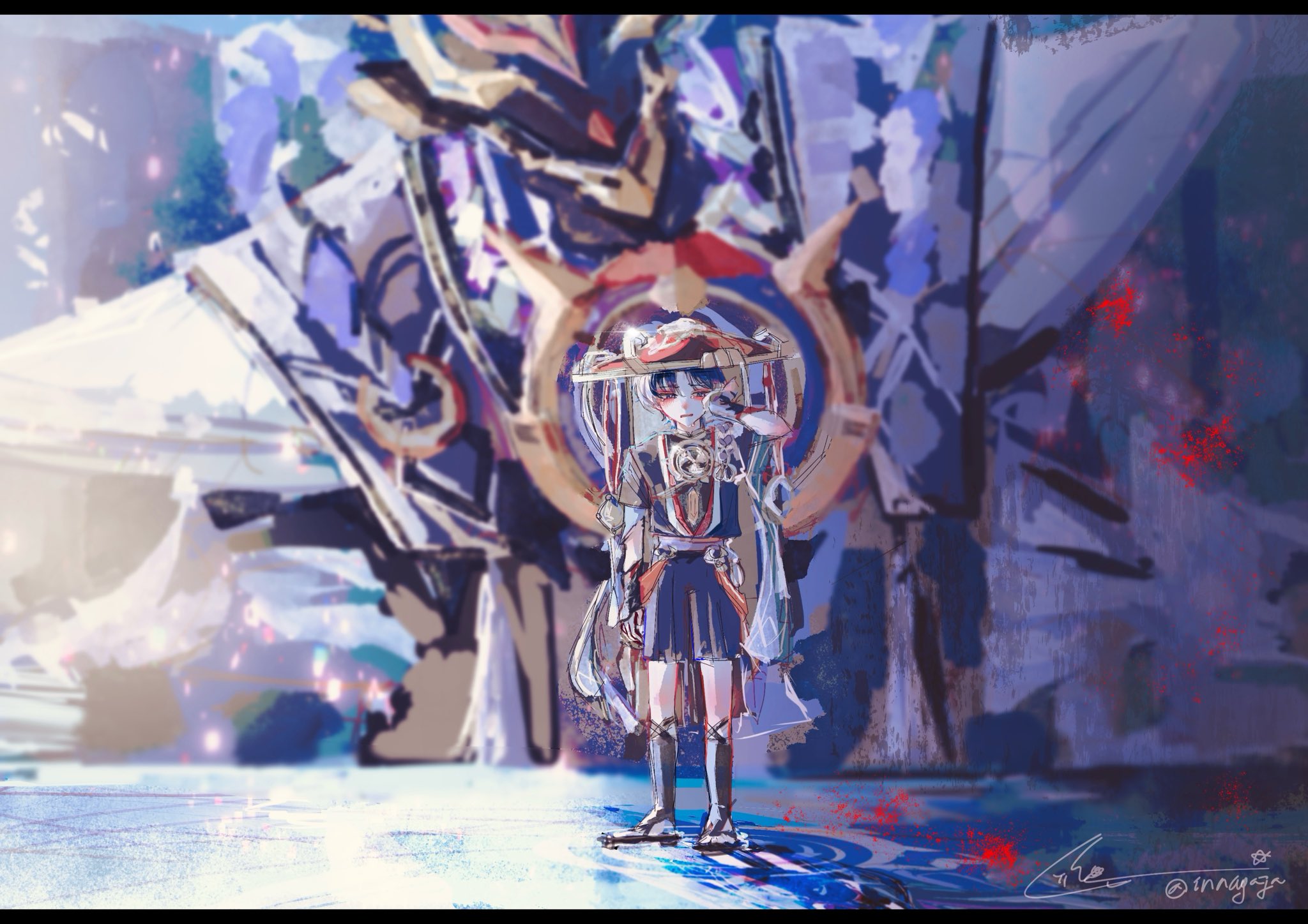 scaramouche (genshin impact), scaramouche (shouki no kami) (genshin impact), genshin impact, highres, 1boy, arm at side, arm up, armor, black eyes, black hair, black kimono, black shorts, black sleeves, blush, bridal legwear, eyeliner, eyeshadow, full body, furisode, glint, gold, gold trim, grey sleeves, grey veil, hand on own cheek, hand on own face, hat, innagaja, japanese armor, japanese clothes, jewelry, jingasa, juban, kimono, kote, kurokote, layered sleeves, looking down, makeup, male focus, mecha, mitsudomoe (shape), neck ring, o-ring, painterly, parted bangs, purple rope, purple sash, red eyeliner, red eyeshadow, red hat, red kimono, red sash, ripples, robot, rope, rubbing eyes, sash, shimenawa, short sleeves, shorts, signature, standing, stirrup legwear, tears, toeless legwear, tomoe (symbol), twitter username, veil, white kimono, white rope