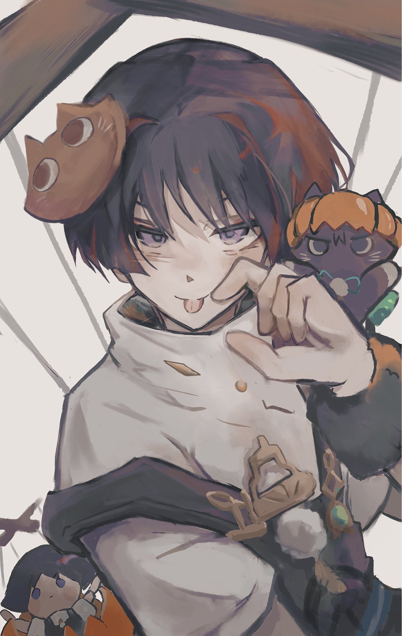 zattasyanko, scaramouche (cat) (genshin impact), scaramouche (genshin impact), wanderer (genshin impact), genshin impact, highres, 1boy, animal, animal on shoulder, animalization, aqua gemstone, bags under eyes, black cat, black hair, black overalls, blunt ends, casual, cat, cat hair ornament, cat on shoulder, character doll, contemporary, doll, feathers, fingernails, gem, grey background, hair ornament, halloween costume, hand up, looking at viewer, male focus, marionette controller, multicolored hair, official alternate costume, overalls, person and animalization, pom pom (clothes), purple eyes, red hair, sanpaku, shirt, sketch, solo, streaked hair, tongue, tongue out, tsurime, white shirt, wispy bangs, yellow feathers