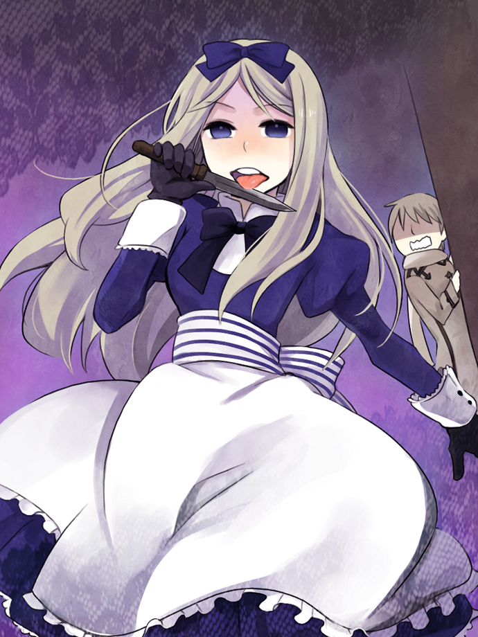 nn nn, belarus (hetalia), russia (hetalia), axis powers hetalia, silver hair, 00s, apron, blue eyes, dagger, dress, gloves, hair ribbon, knife, licking, licking blade, licking weapon, lingerie, long hair, petticoat, ribbon, tongue, underwear, weapon