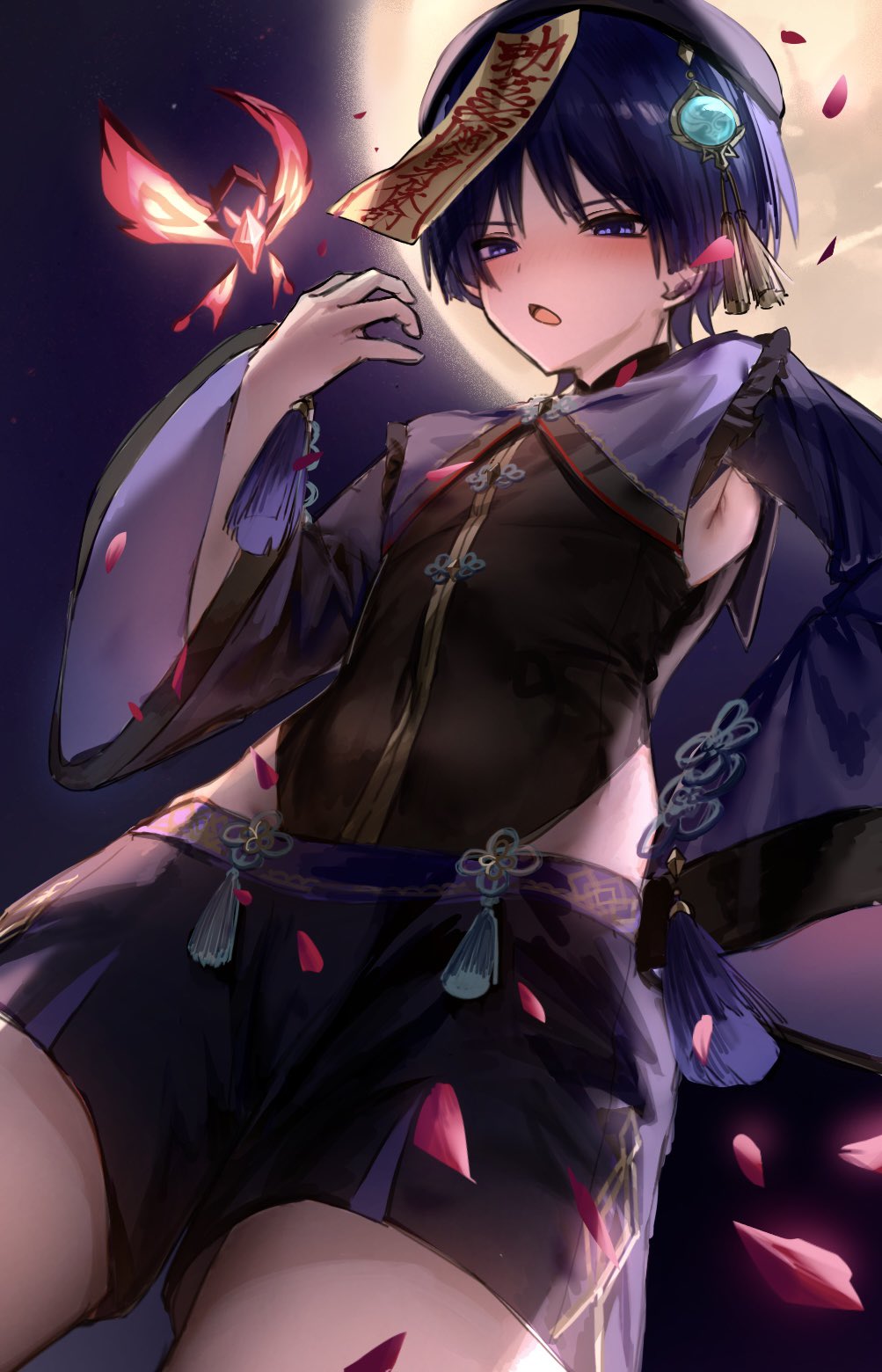 yu (geda4335), crystalfly (genshin impact), scaramouche (genshin impact), wanderer (genshin impact), genshin impact, highres, 1boy, anemo symbol (genshin impact), aqua gemstone, armpits, beret, black hat, black shorts, black sleeves, blunt ends, blush, chinese clothes, chinese knot, clothing cutout, collar, falling petals, from below, full moon, gem, gold, hair ornament, halloween costume, hat, hip vent, jiangshi costume, long sleeves, looking at viewer, male focus, moon, night, night sky, ofuda, ofuda on head, open mouth, outdoors, petals, purple collar, purple eyes, purple hair, red petals, shorts, sky, solo, tassel, tassel hair ornament, tongue, tsurime, wide sleeves