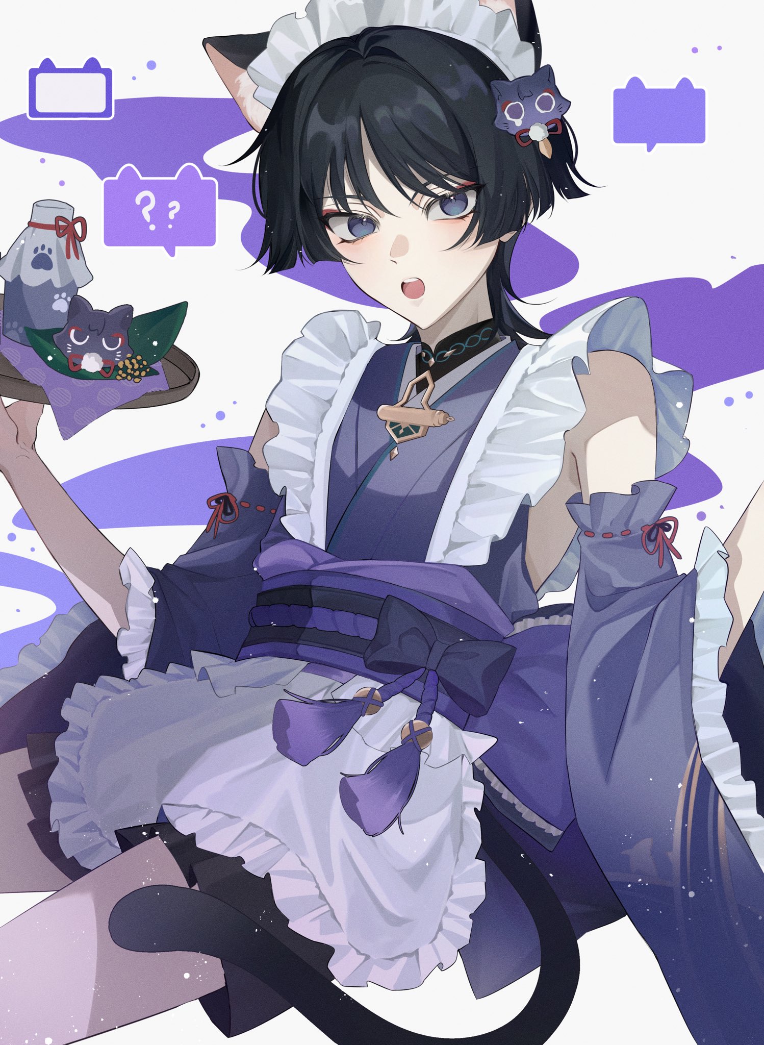 scaramouche (cat) (genshin impact), scaramouche (genshin impact), wanderer (genshin impact), genshin impact, highres, 1boy, ?, alternate costume, animal ear fluff, animal ears, apron, baobei mill, belt, black belt, black bow, black hair, black shorts, blunt ends, blush, bow, cat boy, cat ears, cat hair ornament, cat tail, crossdressing, crossdressing (mtf), dango milk (genshin impact), detached sleeves, eyelashes, eyeliner, eyeshadow, frilled apron, frilled sleeves, frills, gold trim, hair intakes, hair ornament, hands up, holding, holding tray, japanese clothes, kimono, leaf, looking at viewer, maid, maid apron, maid headdress, makeup, male focus, mandarin collar, open mouth, purple eyes, purple kimono, purple rope, purple sash, purple sleeves, red eyeliner, red eyeshadow, ribbon-trimmed sleeves, ribbon trim, rope, sash, shorts, solo, spoken question mark, tail, tassel, teeth, tray, upper teeth only, wa maid, waist apron, white apron, white background, white headdress