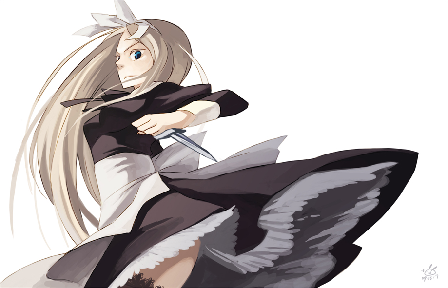 chuusa, belarus (hetalia), axis powers hetalia, bad id, bad pixiv id, 00s, 1girl, apron, blonde hair, blue eyes, dagger, dress, female focus, hair ribbon, knife, lingerie, long hair, petticoat, ribbon, solo, thighhighs, underwear, weapon, wind, wind lift