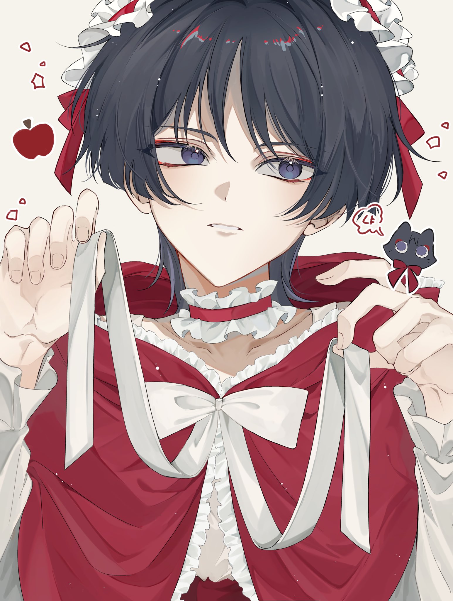 scaramouche (cat) (genshin impact), scaramouche (genshin impact), genshin impact, highres, 1boy, alternate costume, apple, baobei mill, black hair, blunt ends, bow, capelet, choker, collarbone, eyelashes, eyeliner, eyeshadow, fingernails, food, frilled capelet, frilled choker, frilled hairband, frills, fruit, hair intakes, hairband, hands up, long sleeves, looking to the side, makeup, male focus, parted lips, purple eyes, red capelet, red choker, red eyeliner, red eyeshadow, red hairband, sideways glance, solo, tsurime, white background, white bow, white mouth, white sleeves, wispy bangs