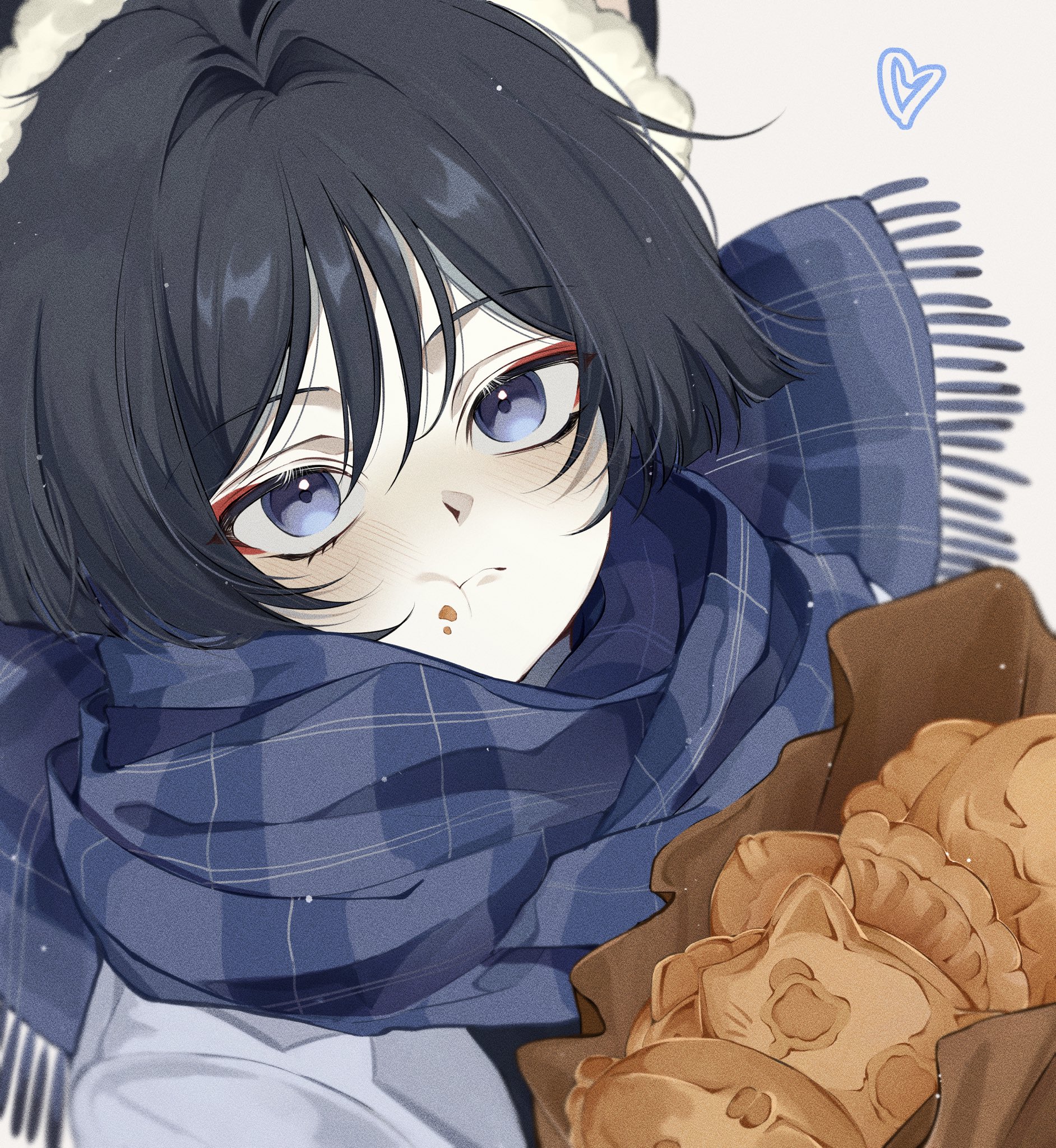 scaramouche (cat) (genshin impact), scaramouche (genshin impact), genshin impact, highres, 1boy, :t, alternate costume, bag, baobei mill, black hair, black shirt, blue scarf, blunt ends, blush, character-themed food, closed mouth, coat, contemporary, eyelashes, eyeliner, eyeshadow, food, food on face, fringe trim, hair intakes, heart, lapels, looking at viewer, makeup, male focus, pale skin, paper bag, plaid clothes, plaid scarf, purple eyes, red eyeliner, red eyeshadow, scarf, shirt, solo, taiyaki, tsurime, undershirt, wagashi, white background, white coat, winter clothes, wispy bangs
