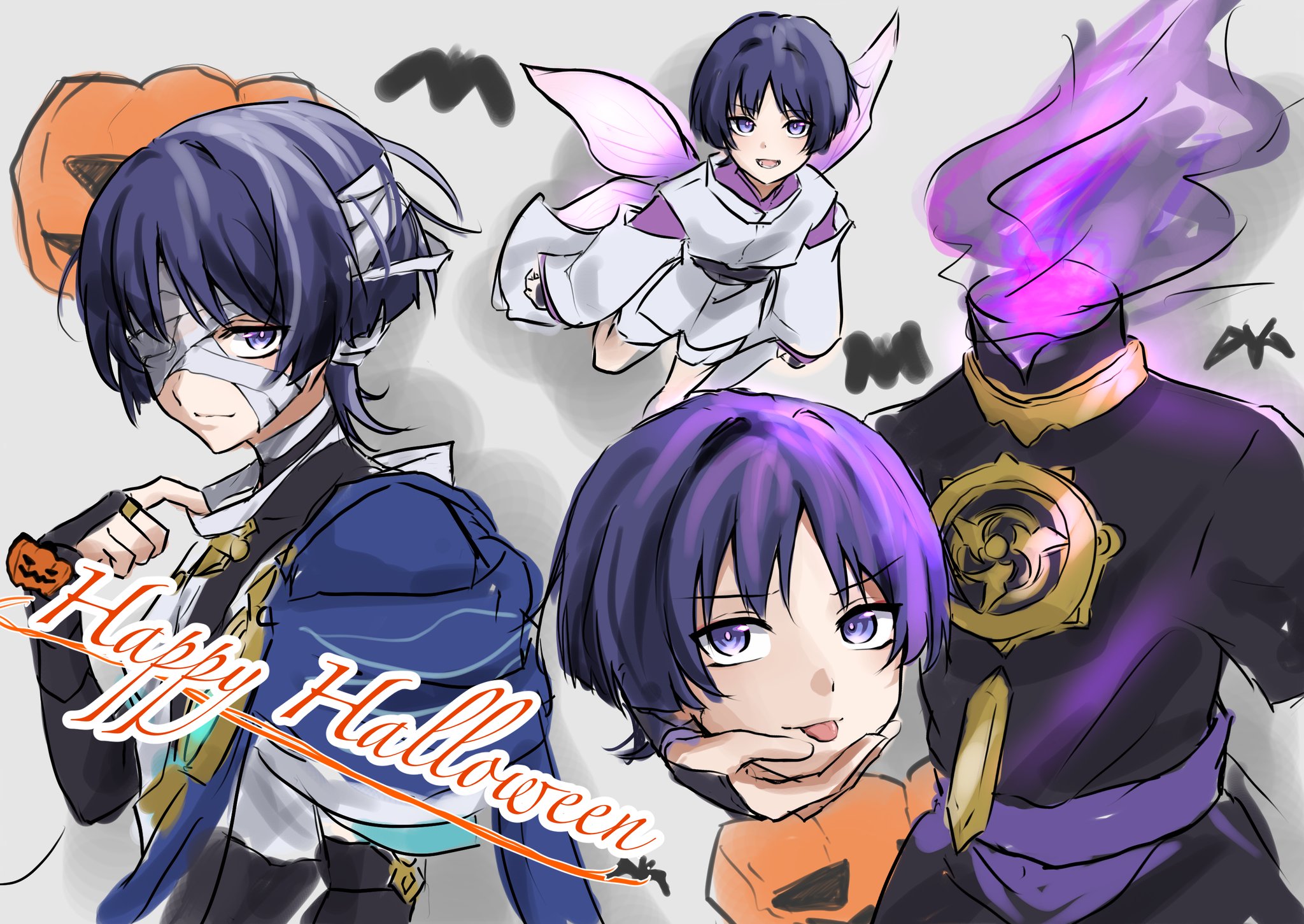 purinigax, scaramouche (genshin impact), scaramouche (kabukimono) (genshin impact), wanderer (genshin impact), genshin impact, highres, 3boys, alternate species, aqua sleeves, arm at side, armor, arms at sides, bandage over one eye, black bodysuit, black sash, black sleeves, blue cape, blunt ends, bodysuit, cape, closed mouth, covered collarbone, disembodied head, dullahan, fairy wings, fire, flying, gold, gold ring, grey background, hand up, happy halloween, holding detached head, jack-o'-lantern, japanese armor, japanese clothes, jewelry, kariginu, kimono, kote, kurokote, layered sleeves, long sleeves, looking at viewer, lower teeth only, mandarin collar, middle ring, mitsudomoe (shape), multiple boys, multiple persona, mummy costume, neck ring, open mouth, pelvic curtain, pink pupils, purple eyes, purple fire, purple hair, purple kimono, purple sleeves, red sash, sash, short sleeves, shorts, sketch, smile, teeth, tomoe (symbol), tongue, tongue out, white kimono, white shorts, white sleeves, wings