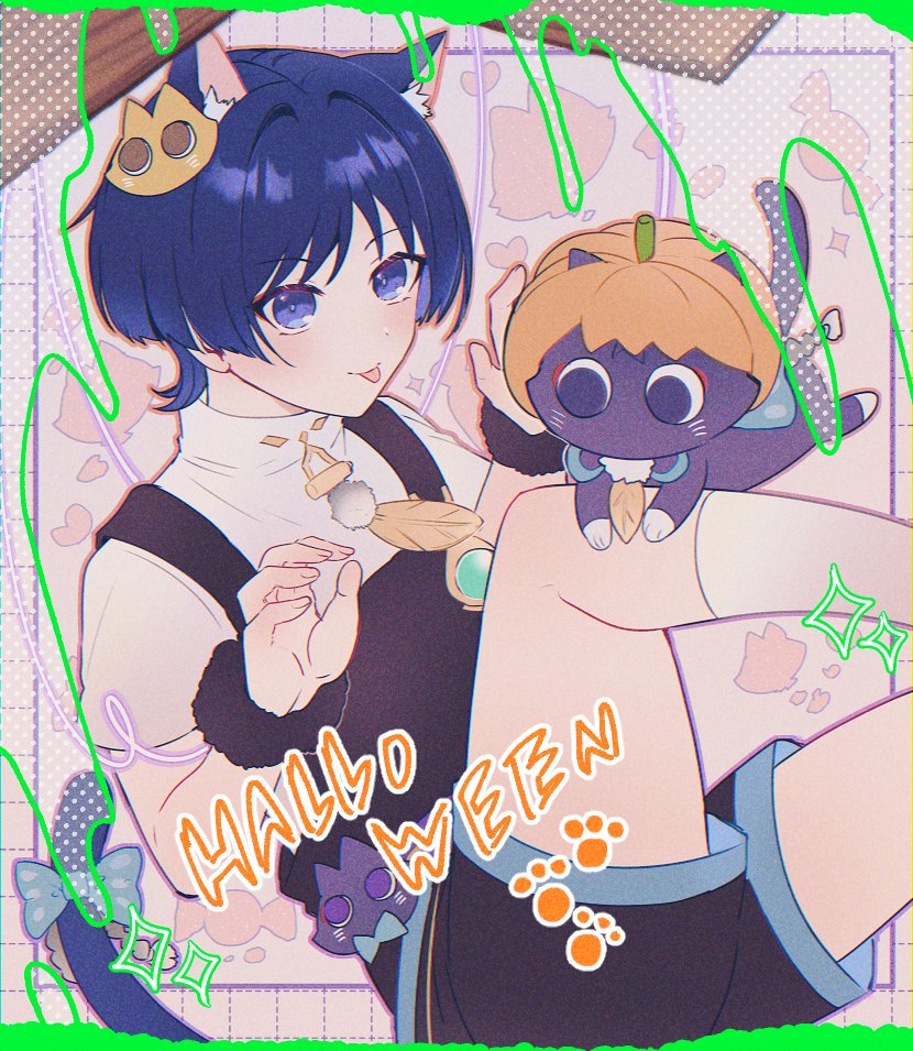 shougo kota, scaramouche (cat) (genshin impact), scaramouche (genshin impact), wanderer (genshin impact), genshin impact, 1boy, animal ear fluff, animal ears, animalization, black hair, black overalls, black shorts, blue bow, blue trim, blunt ends, blush, bow, cat, cat boy, cat ears, cat hair ornament, cat tail, colored inner hair, curled fingers, curtains, eyelashes, eyeliner, eyeshadow, feathers, fingernails, fur wrist cuffs, gem, green gemstone, grid border, hair ornament, halloween, hand up, looking at viewer, makeup, male focus, multicolored hair, official alternate costume, overalls, paw pose, person and animalization, pink background, pom pom (clothes), purple cat, purple eyes, purple hair, red eyeliner, red eyeshadow, shirt, shorts, tail, tail bow, tail ornament, tongue, tongue out, turtleneck, turtleneck shirt, undershirt, white shirt, wrist cuffs, yellow feathers