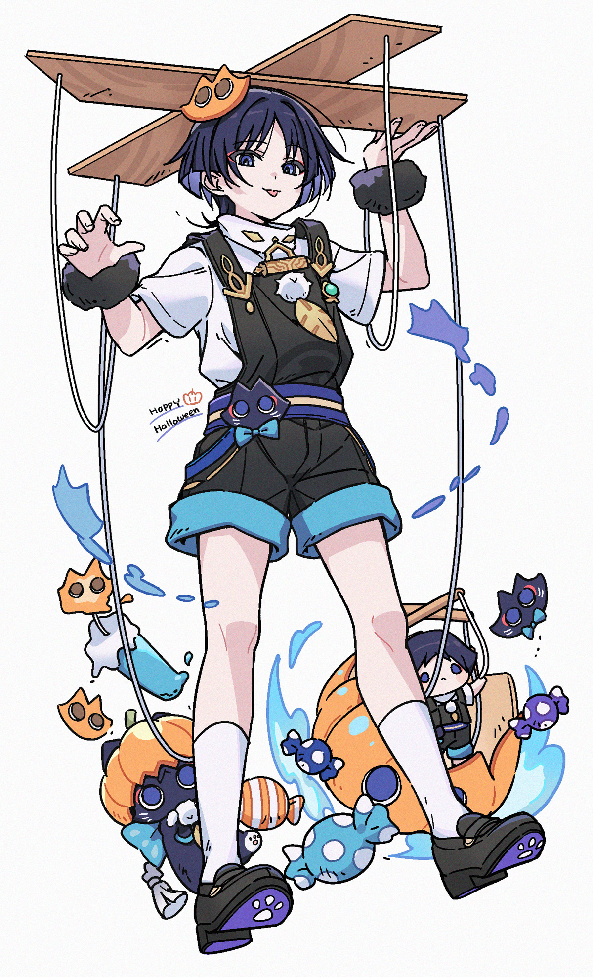 munya (pic), scaramouche (cat) (genshin impact), scaramouche (genshin impact), wanderer (genshin impact), genshin impact, highres, 1boy, animalization, belt, black hair, black overalls, black shorts, blue bow, blue fire, blunt ends, bow, candy, casual, cat hair ornament, character doll, colored inner hair, contemporary, curled fingers, doll, eyeliner, eyeshadow, feathers, fingernails, fire, food, full body, fur wrist cuffs, hair ornament, halloween costume, hands up, happy halloween, jack-o'-lantern, looking at viewer, makeup, male focus, marionette, marionette controller, multicolored hair, official alternate costume, overalls, paw pose, person and animalization, pom pom (clothes), pumpkin hat, puppet, purple belt, purple eyes, purple hair, red eyeliner, red eyeshadow, shirt, short sleeves, shorts, tongue, tongue out, undershirt, white background, white shirt, white sleeves, wrist cuffs, yellow feathers