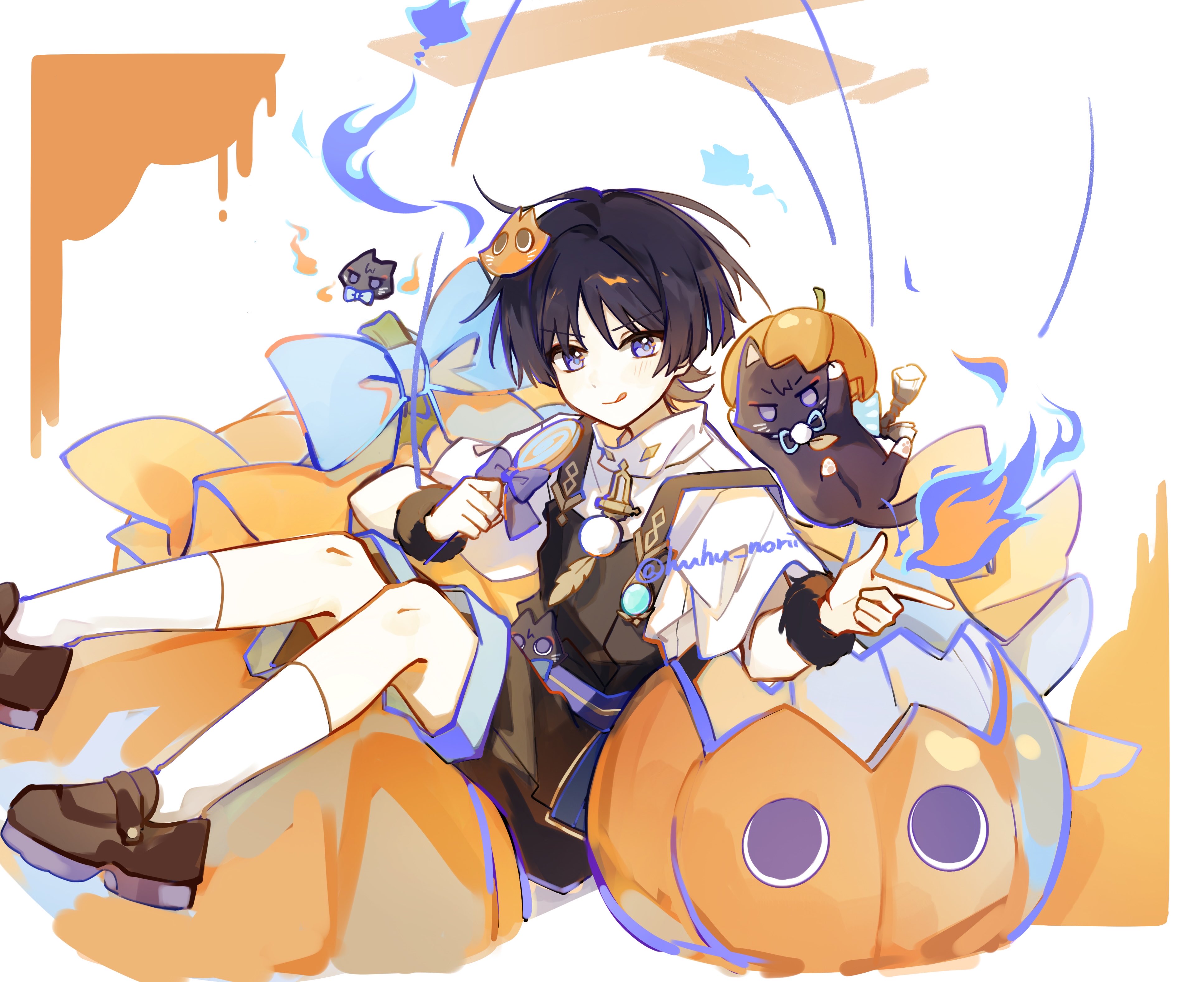 huhu norii, scaramouche (cat) (genshin impact), scaramouche (genshin impact), genshin impact, absurdres, highres, 1boy, :d, animalization, belt, black cat, black hair, black overalls, black shorts, blue bow, blunt ends, border, bow, candy, casual, cat, cat hair ornament, contemporary, feathers, finger gun, fire, food, fur wrist cuffs, gold trim, hair ornament, halloween, holding, holding candy, holding food, holding lollipop, jack-o'-lantern, light blush, lollipop, looking at viewer, male focus, marionette, marionette controller, official alternate costume, open mouth, orange border, overalls, person and animalization, pom pom (clothes), puppet, puppet strings, purple belt, purple eyes, shirt, short sleeves, shorts, sitting, smile, swirl lollipop, tongue, tongue out, twitter username, undershirt, white background, white shirt, white sleeves, wispy bangs, wrist cuffs, yellow feathers