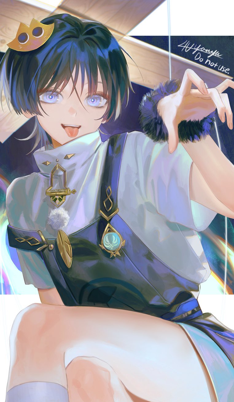 4the2ofus, scaramouche (genshin impact), wanderer (genshin impact), genshin impact, highres, 1boy, :p, anemo symbol (genshin impact), aqua gemstone, belt, black background, black hair, black overalls, blue belt, blue hair, blue shorts, blunt ends, border, bright pupils, casual, cat hair ornament, contemporary, crossed legs, eyelashes, eyeliner, eyeshadow, feathers, gem, gold, hair ornament, halloween, letterboxed, looking at viewer, makeup, male focus, marionette, marionette controller, multicolored hair, official alternate costume, overalls, pom pom (clothes), puppet, purple eyes, red eyeliner, red eyeshadow, shirt, shorts, signature, solo, strap slip, streaked hair, tareme, teeth, tongue, tongue out, undershirt, upper teeth only, white border, white pupils, white shirt, wispy bangs, yellow feathers