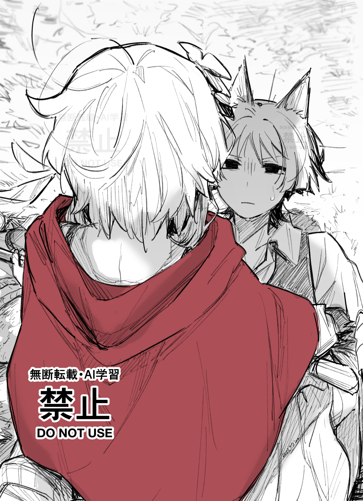 hoht yeah, big bad wolf, little red riding hood (fairy tale character), lumine (genshin impact), scaramouche (genshin impact), genshin impact, little red riding hood (fairy tale), highres, 1boy, 1girl, alternate costume, alternate species, animal ears, big bad wolf (cosplay), blunt ends, cloak, collarbone, collared shirt, cosplay, dated, empty eyes, flower, from above, from behind, girl on top, greyscale, hair flower, hair ornament, halloween costume, hetero, little red riding hood (fairy tale character) (cosplay), looking at another, lying, monochrome, on back, on ground, pinned, red cloak, shirt, short hair, short hair with long locks, short sleeves, sidelocks, spot color, straddling, watermark, wolf boy, wolf ears