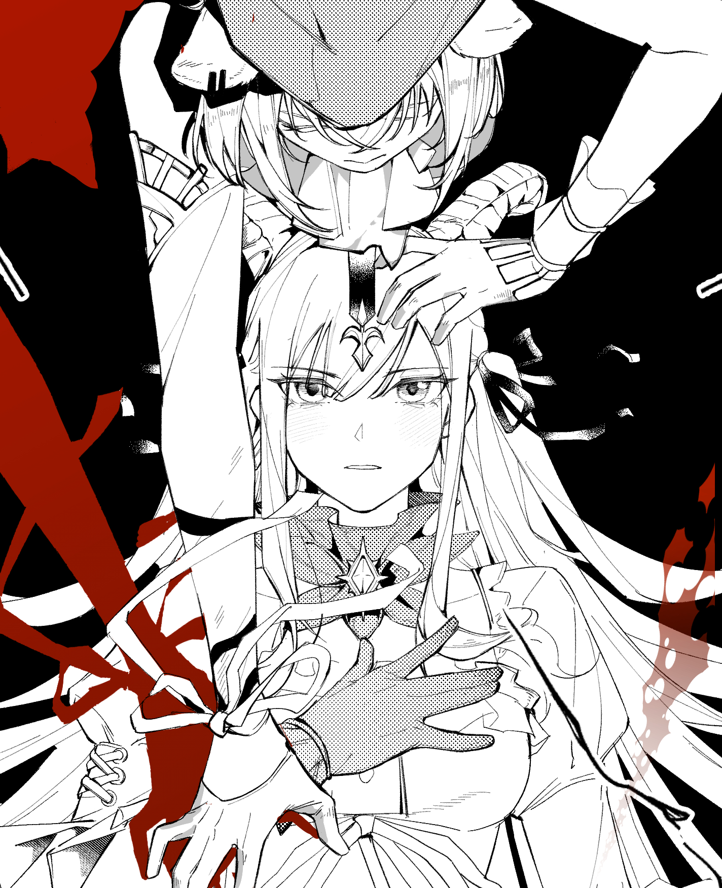 haoxiangkan nutong, misumi uika, misumi uika (caged singer), togawa sakiko, togawa sakiko (master of melodia), arknights, bang dream!, bang dream! it's mygo!!!!!, commentary, highres, 2girls, animal ear piercing, animal ears, closed mouth, dog ears, dog girl, dress, gloves, hand on own chest, horns, long hair, multiple girls, sidelocks, yuri