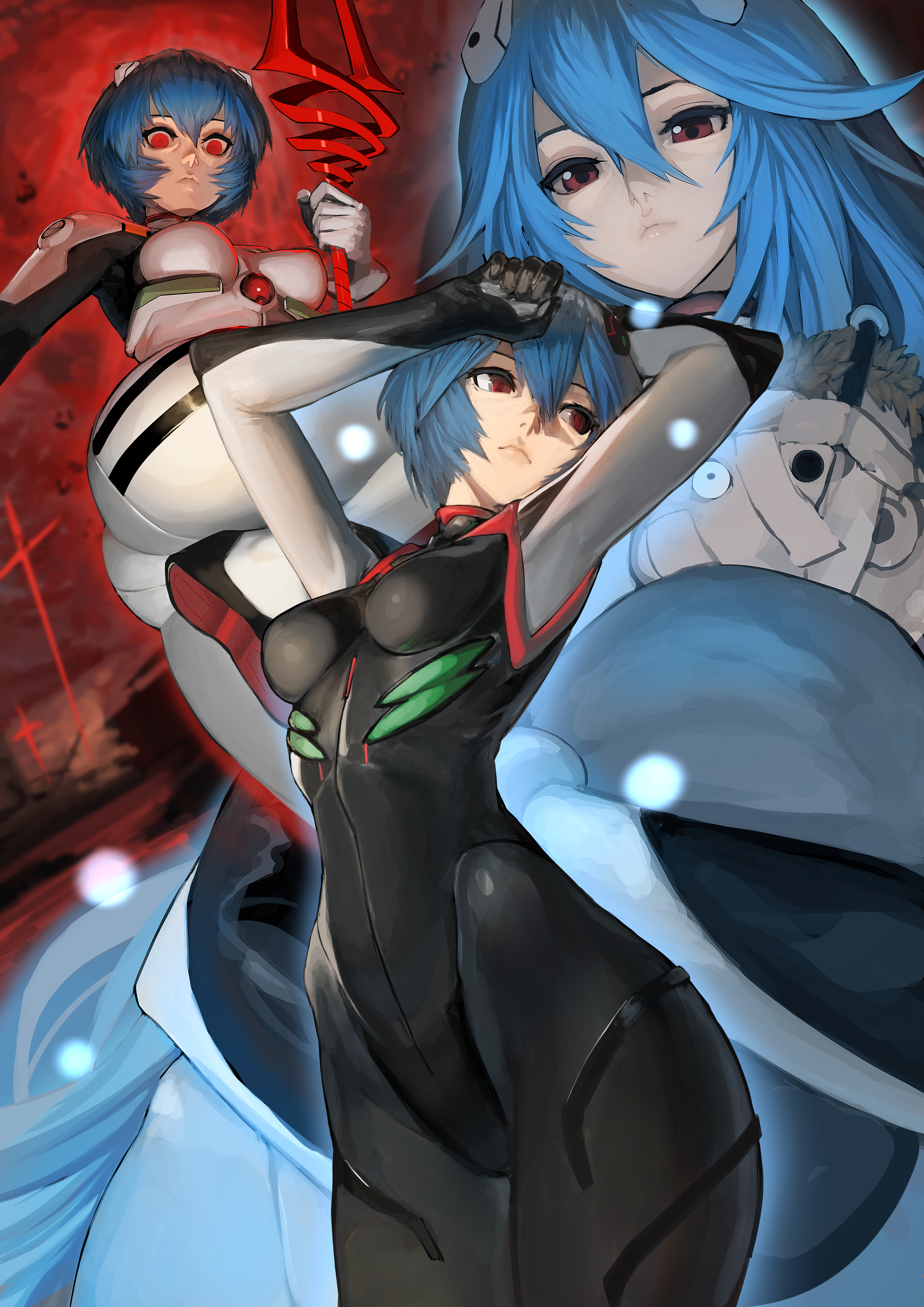 unizama, ayanami rei, evangelion: 3.0+1.0 thrice upon a time, evangelion: 3.0 you can (not) redo, neon genesis evangelion, rebuild of evangelion, absurdres, highres, 1girl, alternate costume, ass, black bodysuit, blue hair, bodysuit, breasts, covered erect nipples, curvy, empty eyes, expressionless, from below, hairpods, holding, holding lance, holding polearm, holding weapon, huge ass, lance, lance of longinus (evangelion), lips, long hair, looking at viewer, mecha pilot suit, medium breasts, multiple views, official alternate costume, plugsuit (evangelion), polearm, red eyes, shiny clothes, shiny skin, short hair, skin tight, very long hair, weapon, white bodysuit, wide hips