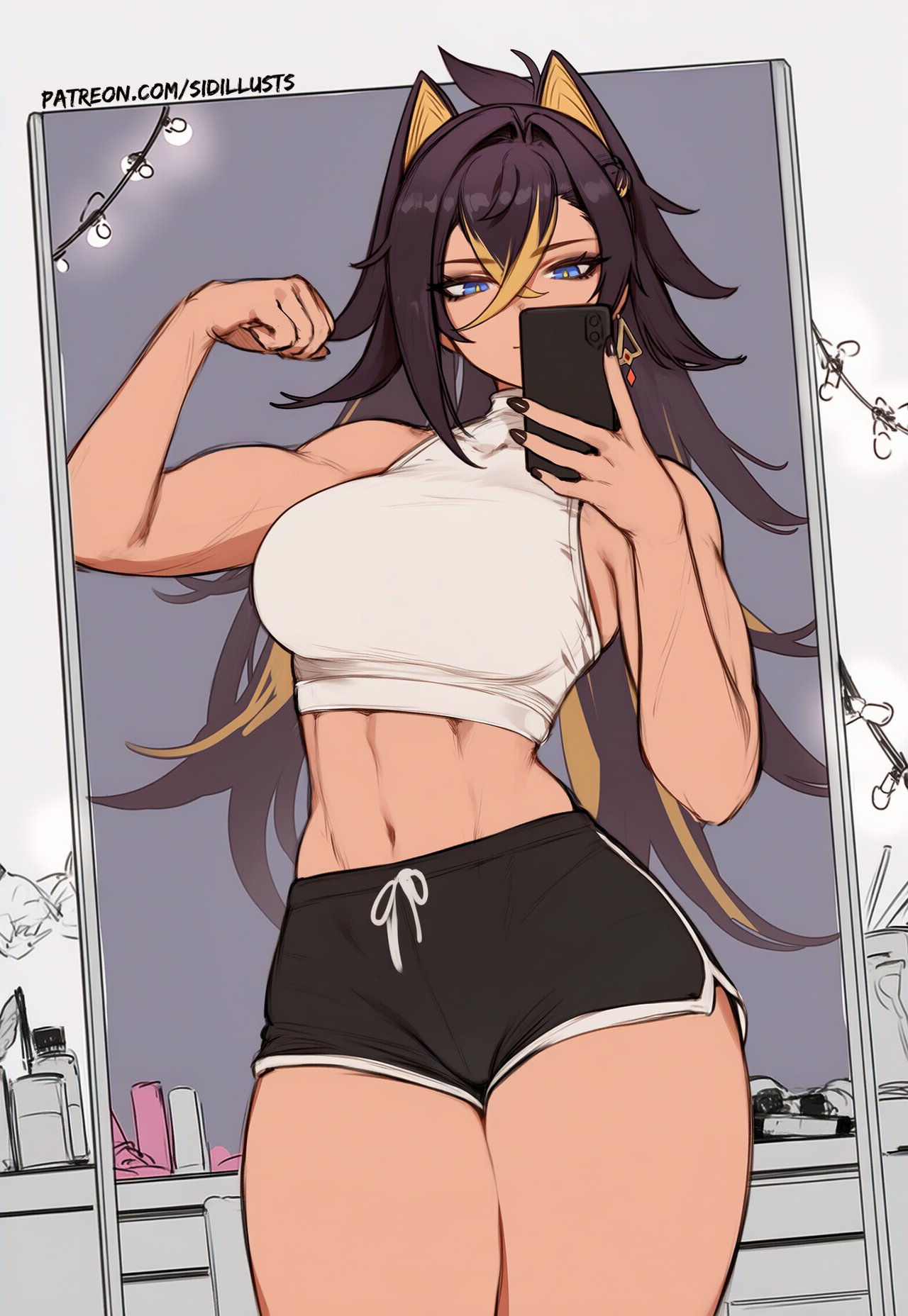 sidillusts, dehya (genshin impact), genshin impact, abs, black hair, blue eyes, breasts, crop top, dark-skinned female, dark skin, dolphin shorts, earrings, jewelry, large breasts, long hair, mirror, mirror selfie, multicolored hair, muscular, muscular female, orange hair, phone, selfie, shorts, thick thighs, thighs, two-tone hair