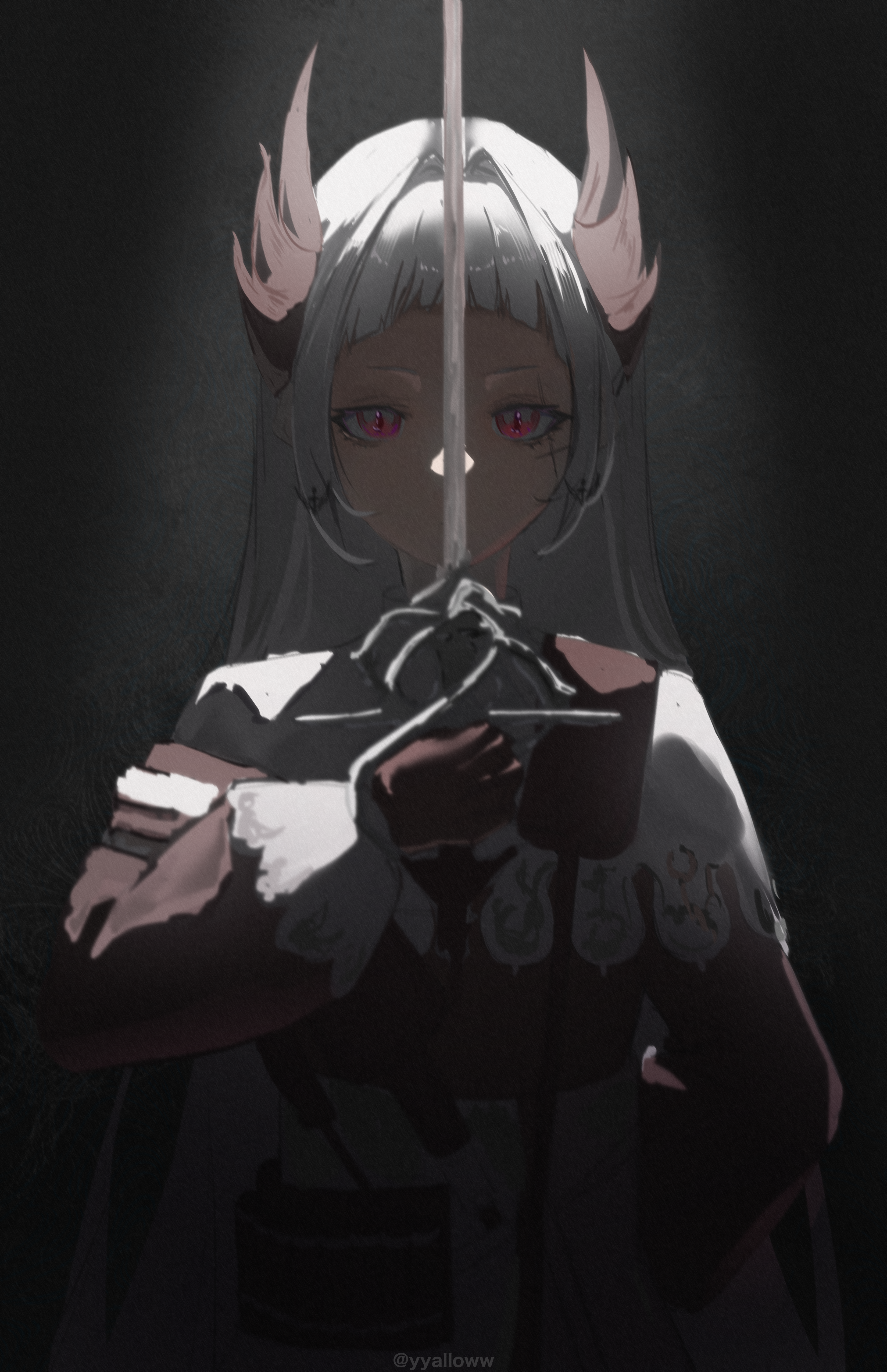 irene (arknights), arknights, absurdres, highres, 1girl, brown gloves, brown shirt, covered mouth, dark, film grain, gloves, holding, holding sword, holding weapon, long hair, long sleeves, looking at viewer, rapier, red eyes, scar, scar across eye, scar on face, shirt, solo, sword, twitter username, watermark, weapon, white hair, white shirt, yyalloww