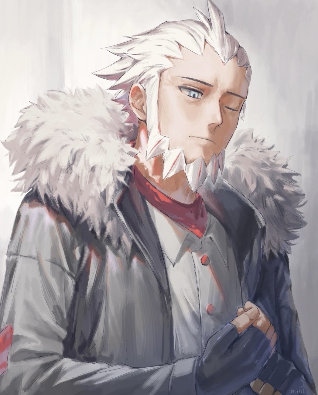 mint pk, l (pokemon), nintendo, pokemon, pokemon legends: z-a, highres, 1boy, beard, black gloves, blue eyes, closed mouth, facial hair, fingerless gloves, fur-trimmed hood, fur trim, gloves, grey jacket, hood, jacket, long sleeves, male focus, one eye closed, shirt, short hair, simple background, solo, upper body, white hair, white shirt