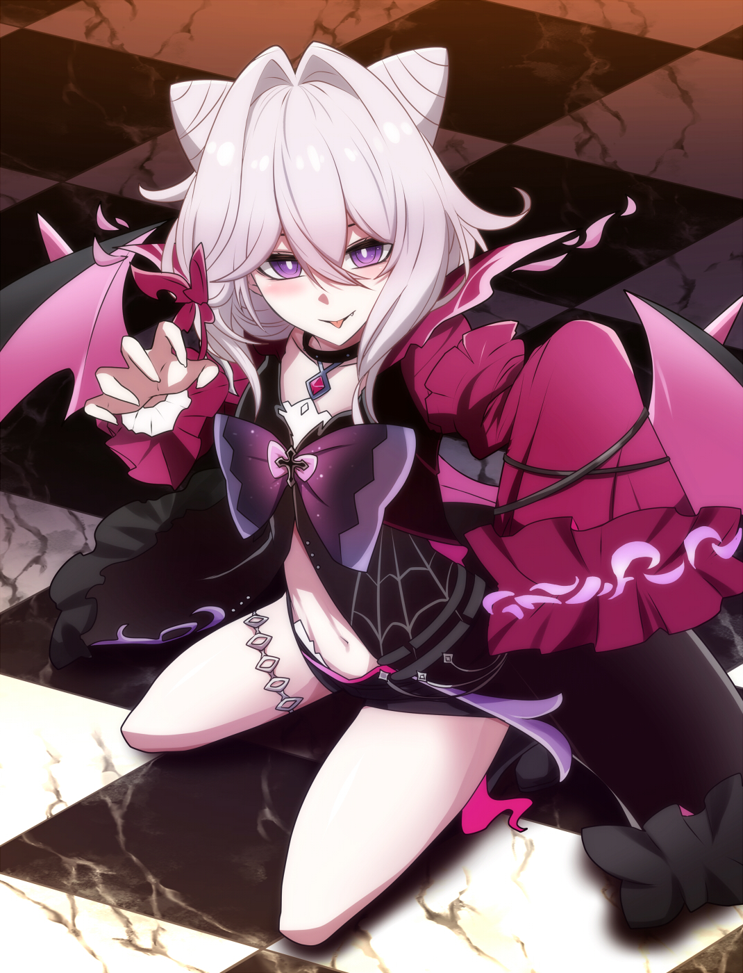 nabeiro kin, thelema nutriscu, honkai (series), honkai impact 3rd, commentary, english commentary, highres, 1girl, black coat, black shorts, bow, bowtie, checkered floor, coat, demon wings, fake wings, hair intakes, jacket, kneeling, long hair, looking at viewer, micro shorts, midriff, navel, purple bow, purple bowtie, purple eyes, red jacket, shorts, solo, thigh strap, thighs, tongue, tongue out, white hair, wings