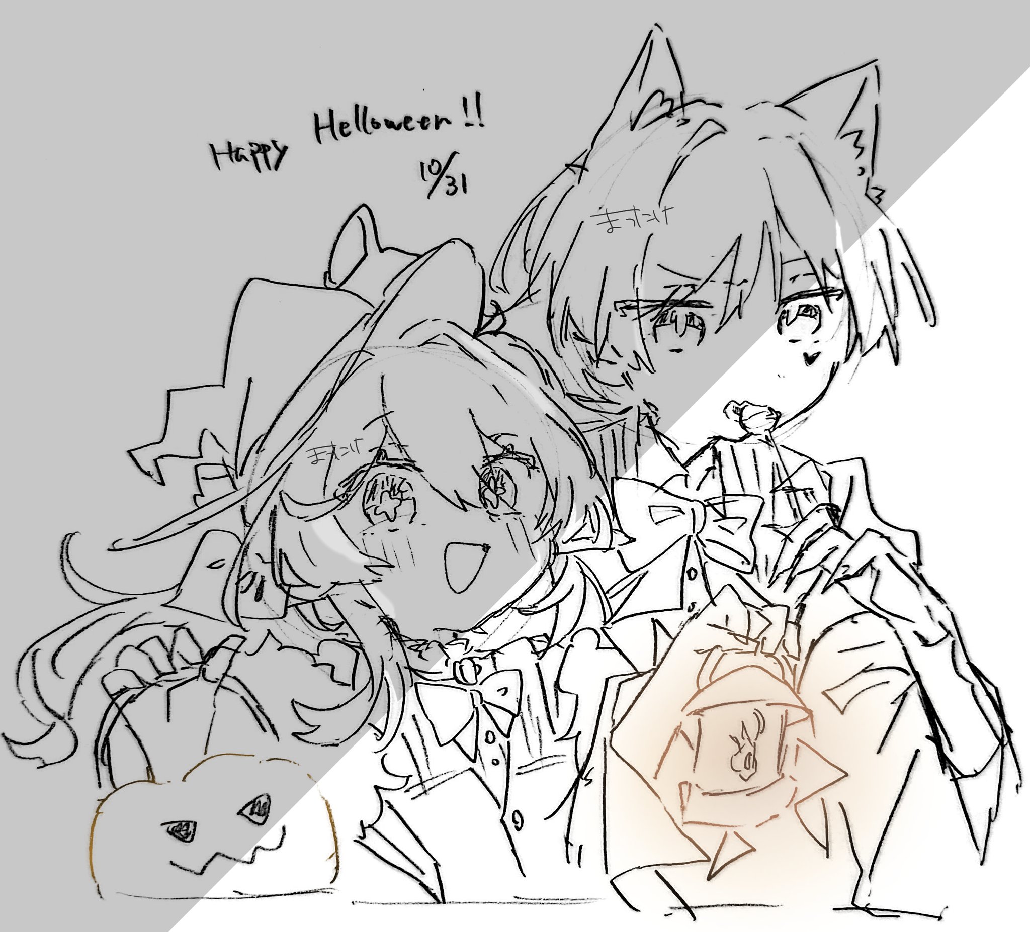 onu5mochini, nahida (genshin impact), scaramouche (genshin impact), genshin impact, highres, 1boy, 1girl, alternate species, animal ears, blunt ends, blush, bow, bowtie, candy, cat ears, corset, cross-shaped pupils, eyelashes, facial mark, fingernails, food, frilled shirt, frills, greyscale, hair between eyes, hair ornament, halloween costume, hands up, happy halloween, hat, heart, heart facial mark, holding, holding candy, holding food, holding lantern, holding lollipop, jack-o'-lantern, lantern, leaf, leaf hair ornament, lollipop, monochrome, open mouth, pointy ears, sharp fingernails, shirt, side ponytail, sidelocks, sketch, symbol-shaped pupils, tareme, tsurime, wispy bangs, witch hat