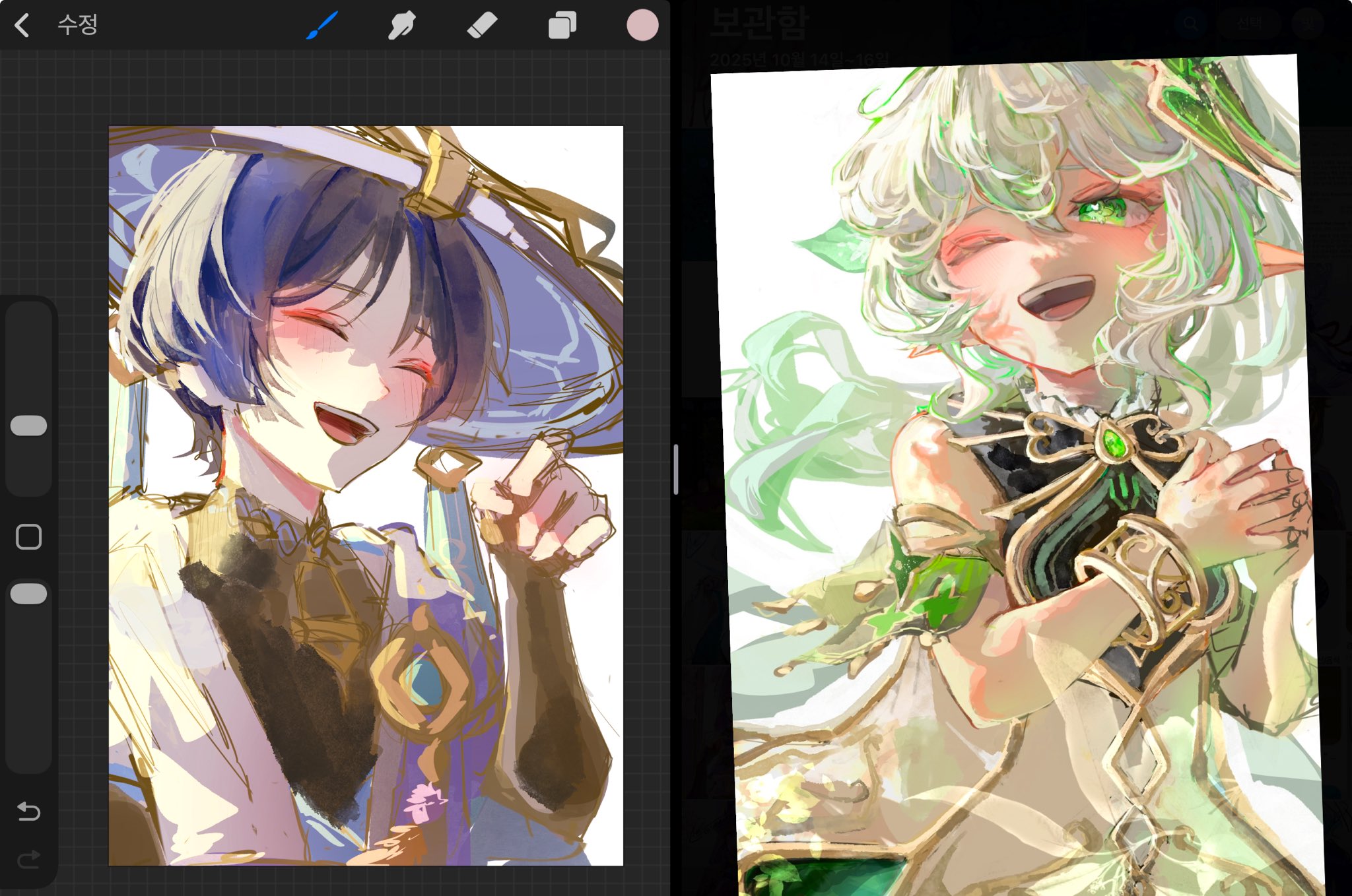 nahida (genshin impact), scaramouche (genshin impact), wanderer (genshin impact), genshin impact, highres, 1boy, 1girl, armlet, art program in frame, black bodysuit, black bridal gauntlets, blue gemstone, blue hat, blue kimono, blue sleeves, blunt ends, blush, bodysuit, bridal gauntlets, bright pupils, cape, chest jewel, clenched hand, collar, curly hair, curly sidelocks, detached sleeves, dress, eyeliner, eyeshadow, facing another, fingernails, frilled collar, frills, gem, gold, gold trim, green cape, green eyes, green gemstone, green hair, green sleeves, hair ornament, hand up, hands up, happy, hat, heart, heart-shaped pupils, heart hair ornament, innagaja, japanese clothes, jewelry, jingasa, juban, kimono, korean text, layered sleeves, leaf, leaf hair ornament, long hair, looking at another, makeup, mandarin collar, multicolored hair, one eye closed, open clothes, open kimono, open mouth, own hands together, pointy ears, purple cape, purple hair, red eyeliner, red eyeshadow, short sleeves, side ponytail, sidelocks, sketch, smile, steepled fingers, streaked hair, symbol-shaped pupils, teeth, tongue, tsurime, upper teeth only, white background, white collar, white dress, white hair, white kimono, white pupils, white sleeves, wispy bangs