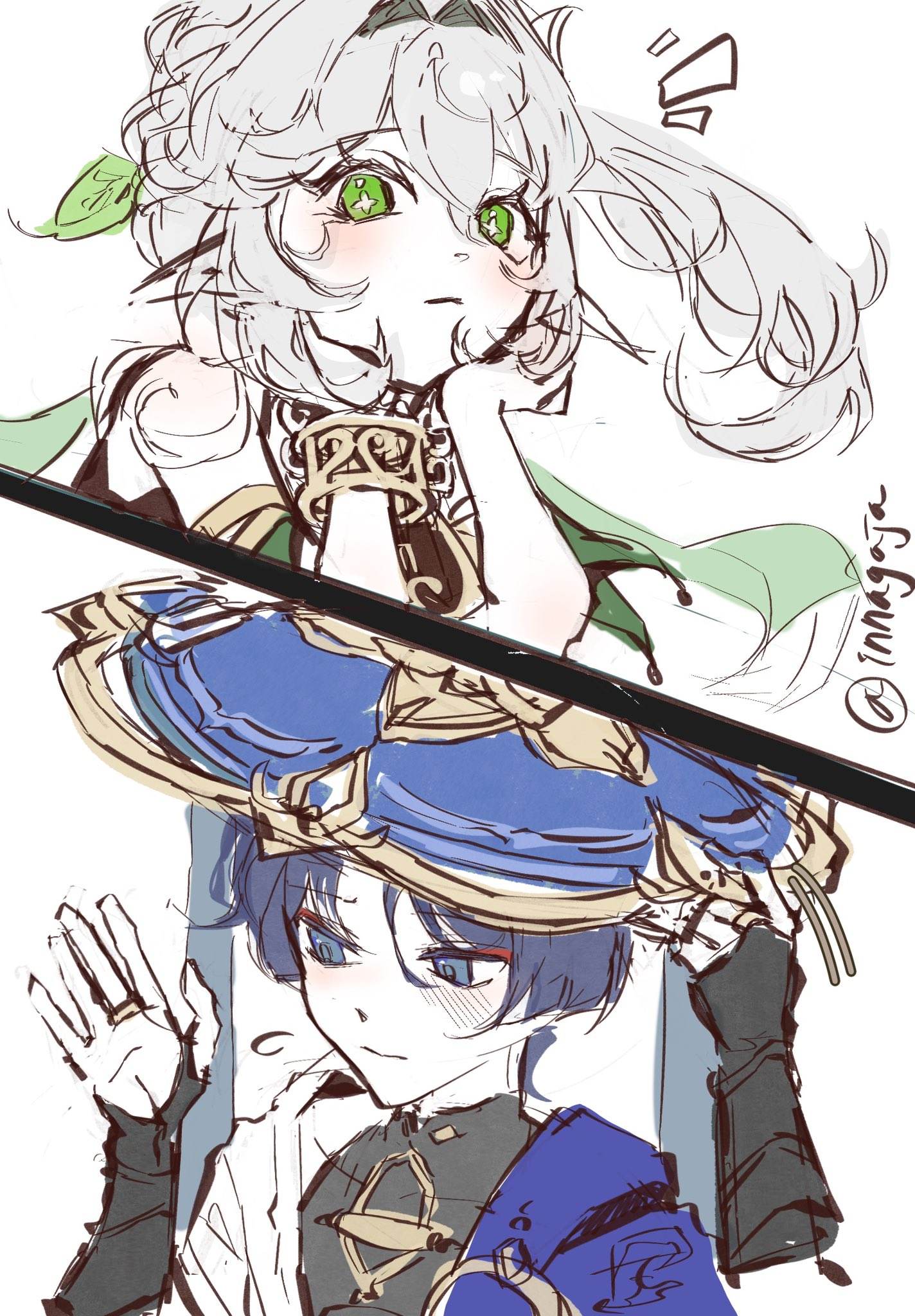 nahida (genshin impact), scaramouche (genshin impact), wanderer (genshin impact), genshin impact, highres, 1boy, 1girl, armlet, armor, averting eyes, black bodysuit, black bridal gauntlets, black hair, blue cape, blue eyes, blue hat, blunt ends, blush, bodysuit, bracelet, bridal gauntlets, bright pupils, cape, clenched hand, closed mouth, covered collarbone, cropped torso, cross-shaped pupils, detached sleeves, eyelashes, eyeliner, eyeshadow, flying sweatdrops, gold, gold ring, green cape, green eyes, green sleeves, hair between eyes, hair intakes, hair ornament, hands on own face, hands up, hat, innagaja, japanese armor, japanese clothes, jewelry, jingasa, kimono, kote, kurokote, leaf, leaf hair ornament, long hair, looking at viewer, makeup, mandarin collar, middle ring, notice lines, open clothes, open hand, open kimono, pointy ears, red eyeliner, red eyeshadow, shoulder peek, side ponytail, sidelocks, sketch, split screen, symbol-shaped pupils, tareme, tilted headwear, twitter username, white background, white kimono, white pupils
