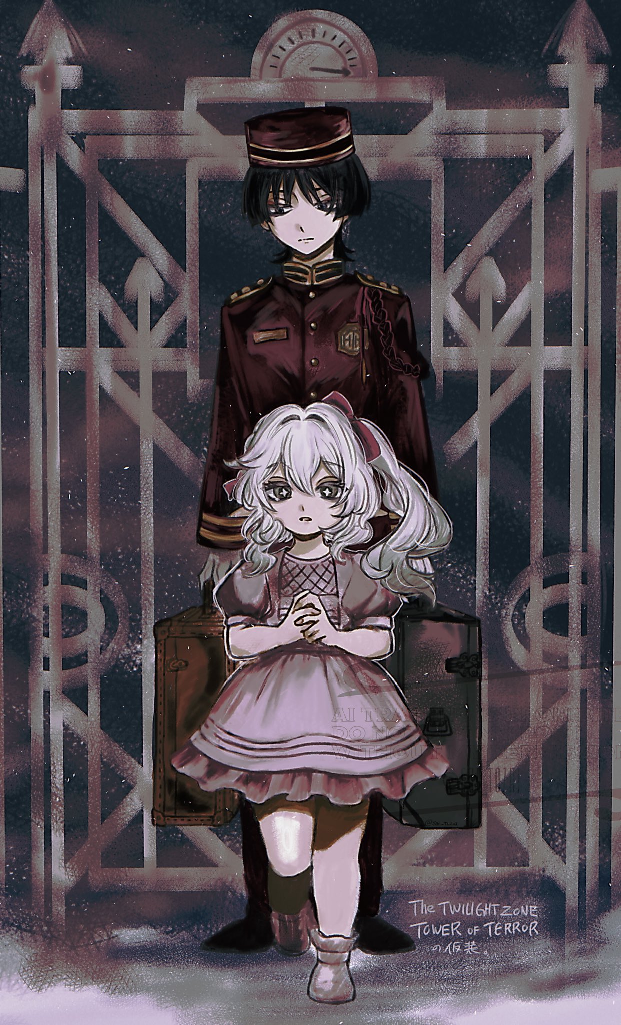 snc tozai, nahida (genshin impact), scaramouche (genshin impact), genshin impact, highres, translation request, 1boy, 1girl, aiguillette, alternate costume, arms at sides, bag, behind another, black eyes, black hair, black pants, black shoes, blunt ends, bow, colored tips, contemporary, cross-shaped pupils, dress, emblem, english text, epaulettes, expressionless, eyelashes, eyeliner, eyeshadow, foot up, formal clothes, frilled dress, frills, full body, gold trim, green eyes, green hair, hair between eyes, hair bow, hair intakes, hat, height difference, holding, holding bag, holding suitcase, interlocked fingers, jacket, juliet sleeves, long hair, long sleeves, looking at viewer, looking down, makeup, mixed-language text, multicolored hair, muted color, name tag, open mouth, own hands together, pants, pink bow, pink dress, pink sleeves, puffy sleeves, red eyeliner, red eyeshadow, red hat, red jacket, red sleeves, shoes, side ponytail, sidelocks, suitcase, symbol-shaped pupils, the twilight zone, tsurime, white hair, white shoes