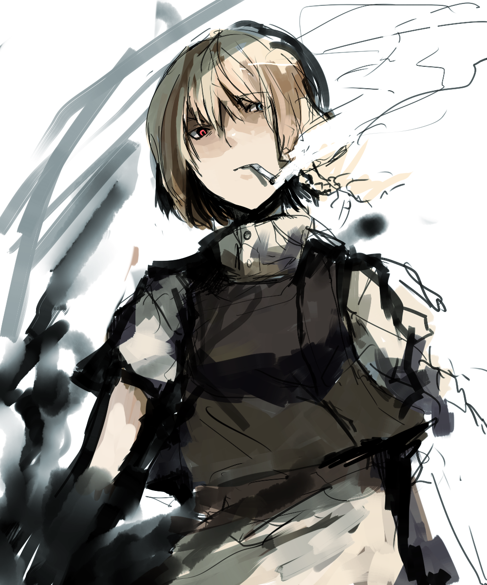 un-known (ninesix), kirisame marisa, touhou, bad id, bad pixiv id, highres, 1girl, alternate hair length, alternate hairstyle, apron, blonde hair, blue eyes, cigarette, female focus, head tilt, heterochromia, looking down, red eyes, short sleeves, sketch, smoke, smoking, solo, turtleneck, vest
