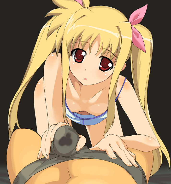 a1 (initial-g), fate testarossa, lyrical nanoha, mahou shoujo lyrical nanoha, 00s, 1girl, blonde hair, breasts, bulge, downblouse, erection, erection under clothes, flat chest, hair ribbon, handjob, leaning forward, long hair, nipple slip, nipples, no bra, penis, pov, precum, red eyes, ribbon, simple background, small breasts, solo focus, stain, twintails