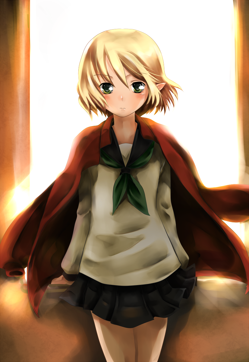 atoki, mizuhashi parsee, touhou, highres, 1girl, alternate costume, blonde hair, female focus, green eyes, jacket, jacket on shoulders, pointy ears, school uniform, serafuku, short hair, skirt, solo, white background