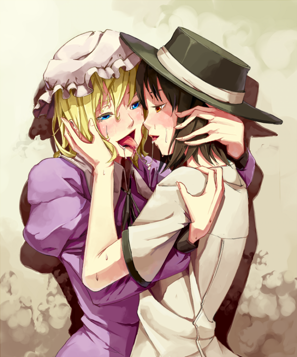 sousou (sousouworks), maribel hearn, usami renko, ghostly field club, touhou, bad id, bad pixiv id, 2girls, couple, female focus, kiss, multiple girls, saliva, saliva trail, sweat, tongue, yuri
