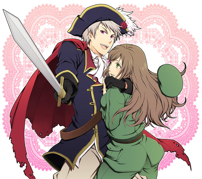 topon (dallar), hungary (hetalia), prussia (hetalia), axis powers hetalia, silver hair, bad id, bad pixiv id, 00s, 1boy, 1girl, beret, brown hair, cape, couple, gloves, green eyes, hat, hetero, holding, hug, long hair, military, military uniform, musketeer, protecting, purple eyes, short hair, sword, weapon