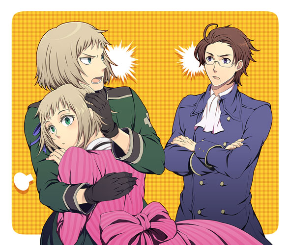 topon (dallar), austria (hetalia), liechtenstein (hetalia), switzerland (hetalia), axis powers hetalia, bad id, bad pixiv id, 00s, 1girl, 2boys, blonde hair, brown hair, buttons, crossed arms, double-breasted, dress, glasses, green eyes, holding, hug, military, military uniform, multiple boys, protecting, short hair, siblings