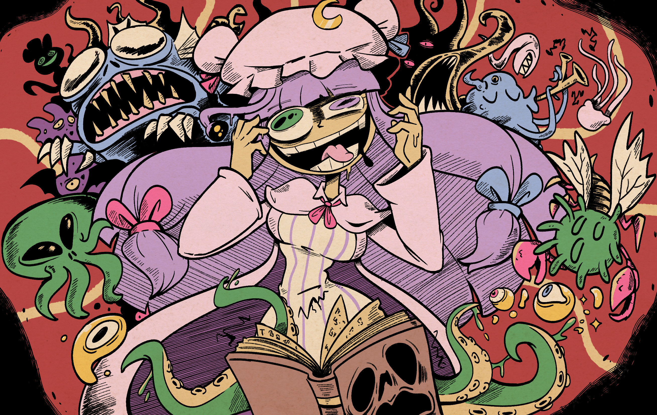 kevin arthur, cthulhu, deep one, mi-go, patchouli knowledge, cthulhu mythos, necronomicon, touhou, commentary, english commentary, highres, book, breasts, crescent, crescent hat ornament, green eyes, hair ornament, hat, hat ornament, heterochromia, instrument, monster, musical note, purple eyes, purple hair, tongue, tongue out, wings