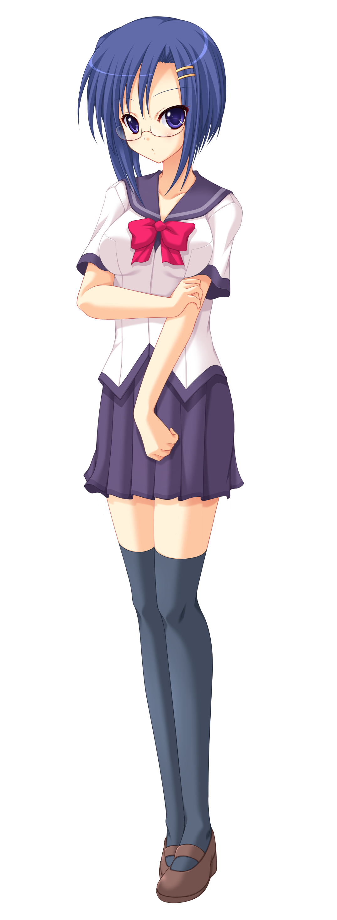 yaegawa mahiro, original, absurdres, bad id, bad pixiv id, highres, blue eyes, blue hair, glasses, school uniform, serafuku, short hair, solo, thighhighs, zettai ryouiki