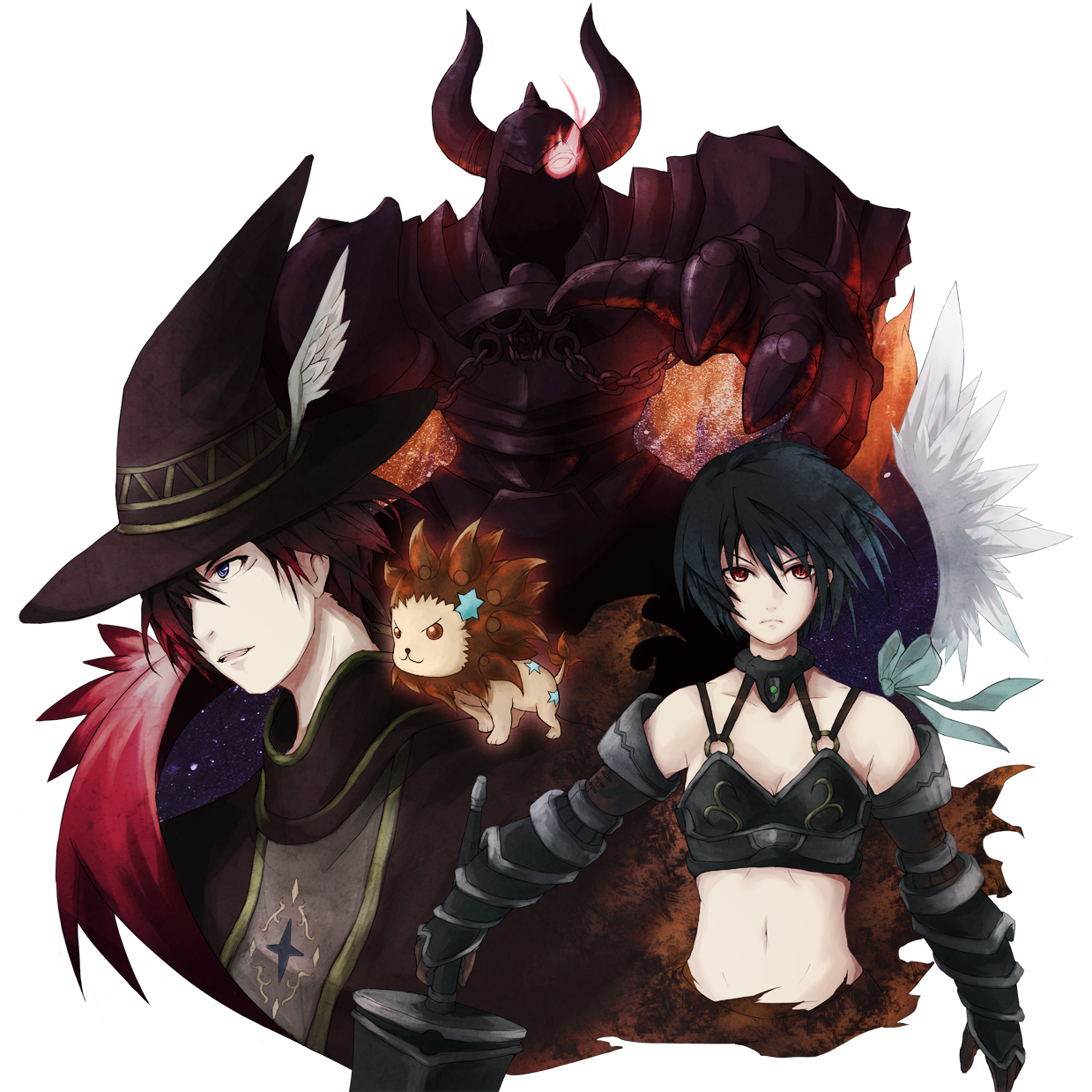 crost, lucent heart, bad id, bad pixiv id, highres, 1boy, 1girl, armor, breasts, fire, hat, lion, navel, upper body, white background, witch hat