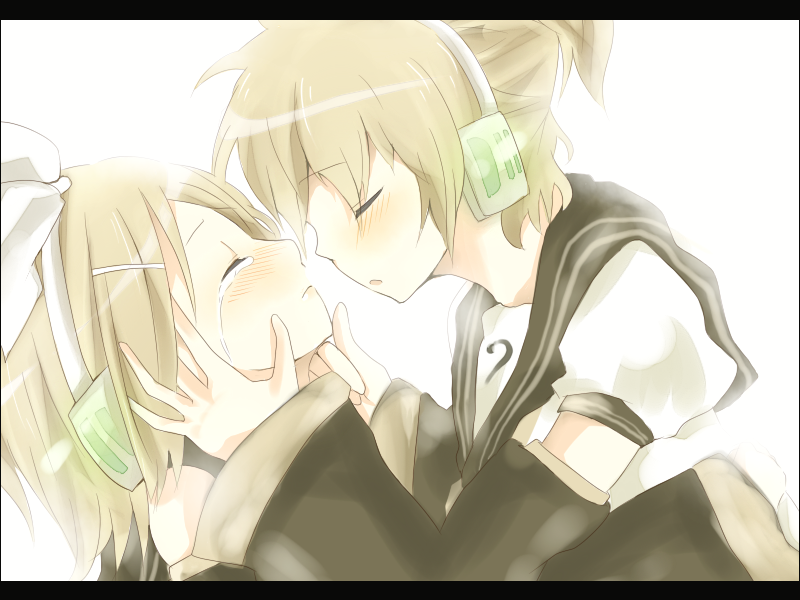 mono (recall), kagamine len, kagamine rin, vocaloid, bad id, bad pixiv id, 1boy, 1girl, blonde hair, blush, brother and sister, closed eyes, headphones, hetero, imminent kiss, incest, letterboxed, siblings, tears, twincest, twins