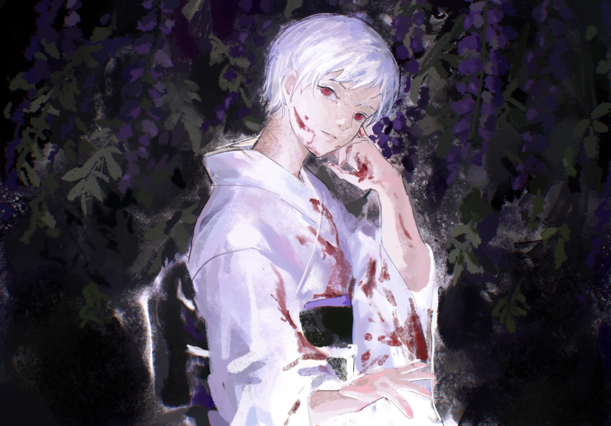ashashio, ushiromiya kyrie, umineko no naku koro ni, highres, 1girl, albino, blood, blood on clothes, blood on face, head tilt, japanese clothes, kimono, looking at viewer, red eyes, short hair, solo, upper body, white hair, white kimono