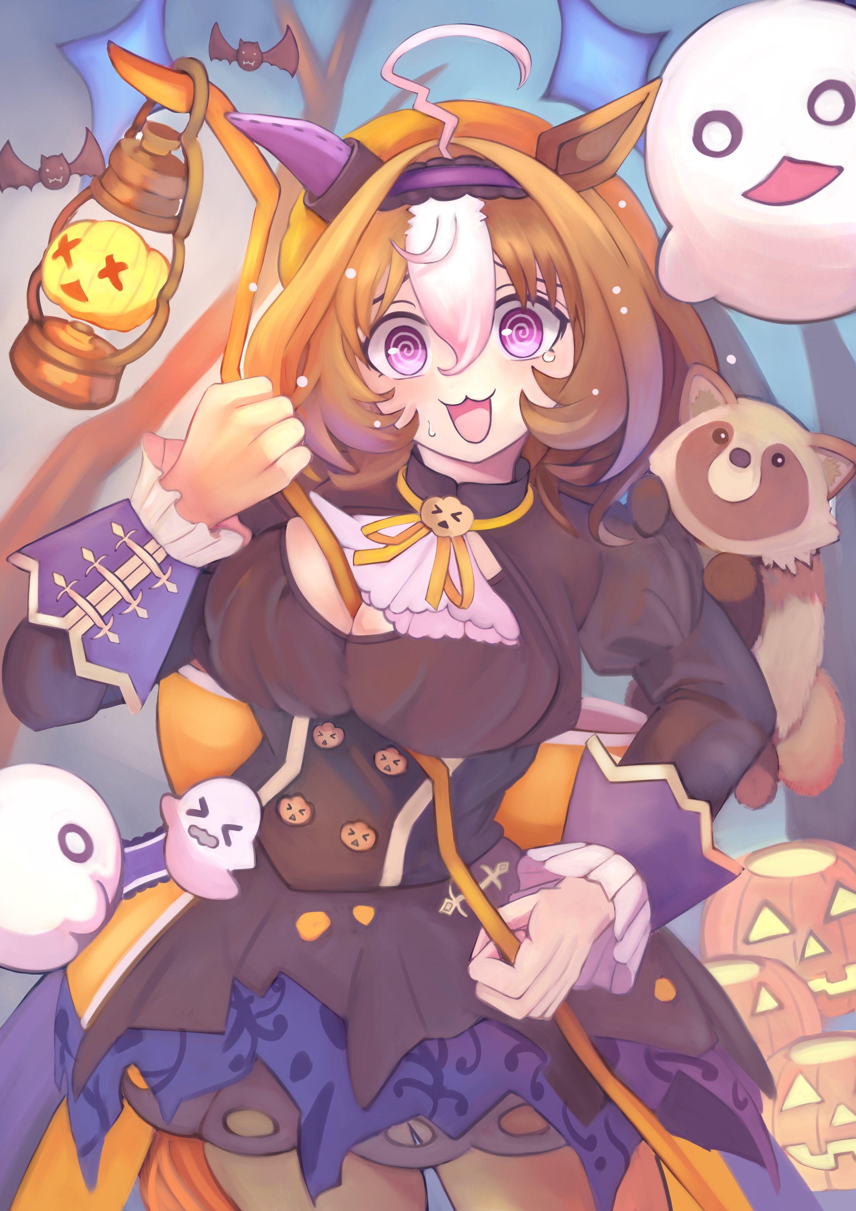 iko (saikoro k0702), meisho doto (dot-o'-lantern) (umamusume), meisho doto (umamusume), umamusume, absurdres, highres, 1girl, @ @, ahoge, animal, animal ears, animal on shoulder, bat (animal), between breasts, black dress, black pantyhose, blush, breasts, brown hair, cleavage, cleavage cutout, clothing cutout, double-parted bangs, dress, ear covers, ghost, ghost ornament, hair between eyes, hairband, halloween costume, hat, holding, holding lantern, horse ears, horse girl, horse tail, jack-o'-lantern, jack-o'-lantern brooch, jack-o'-lantern ornament, lantern, large breasts, long sleeves, looking at viewer, medium hair, multicolored hair, official alternate costume, open mouth, orange hat, orange ribbon, pantyhose, pumpkin, pumpkin brooch, pumpkin hat, purple eyes, purple hairband, raccoon, ribbon, single ear cover, sweat, tail, tanuki, two-tone hair, white hair