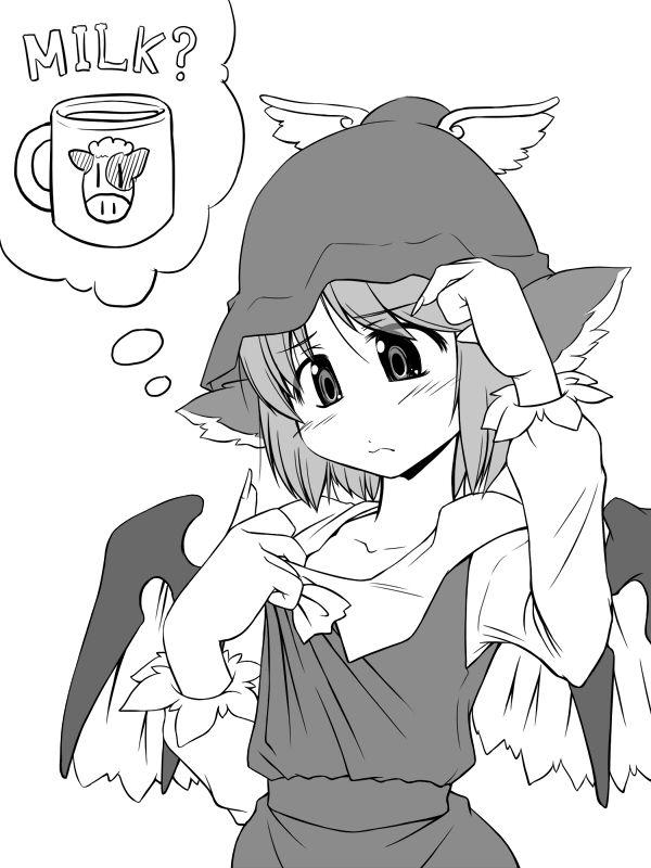 you naka, mystia lorelei, touhou, 1girl, animal ears, collar tug, female focus, fingernails, greyscale, hat, long fingernails, looking down, milk, monochrome, short hair, solo, speech bubble, thought bubble, wings