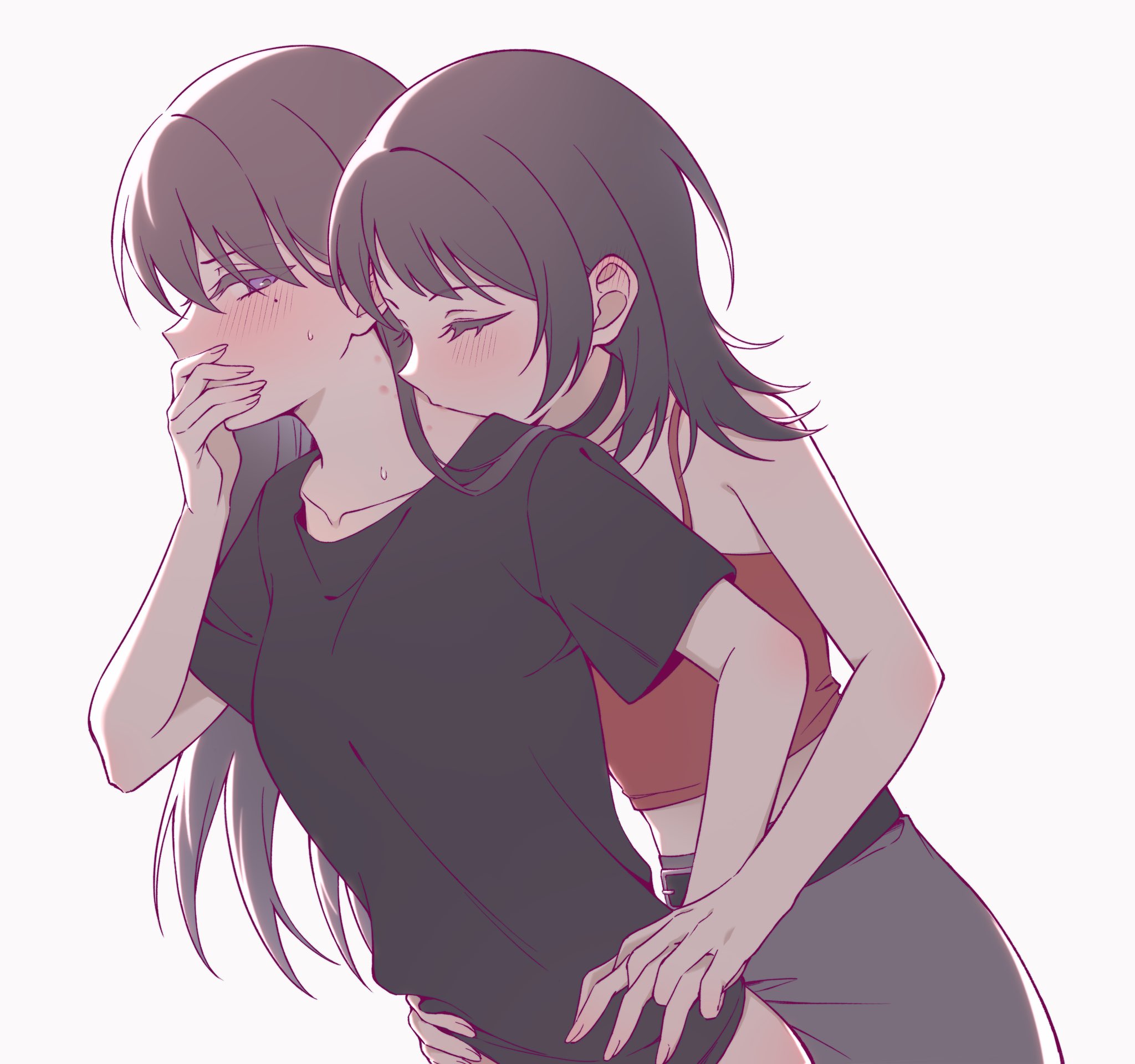 zizoumiao, shiina taki, yahata umiri, bang dream!, bang dream! it's mygo!!!!!, highres, 2girls, biting, black choker, black hair, black shirt, blush, camisole, choker, closed eyes, covering own mouth, ear blush, hickey, multiple girls, neck biting, purple eyes, red camisole, shirt, simple background, white background, yuri