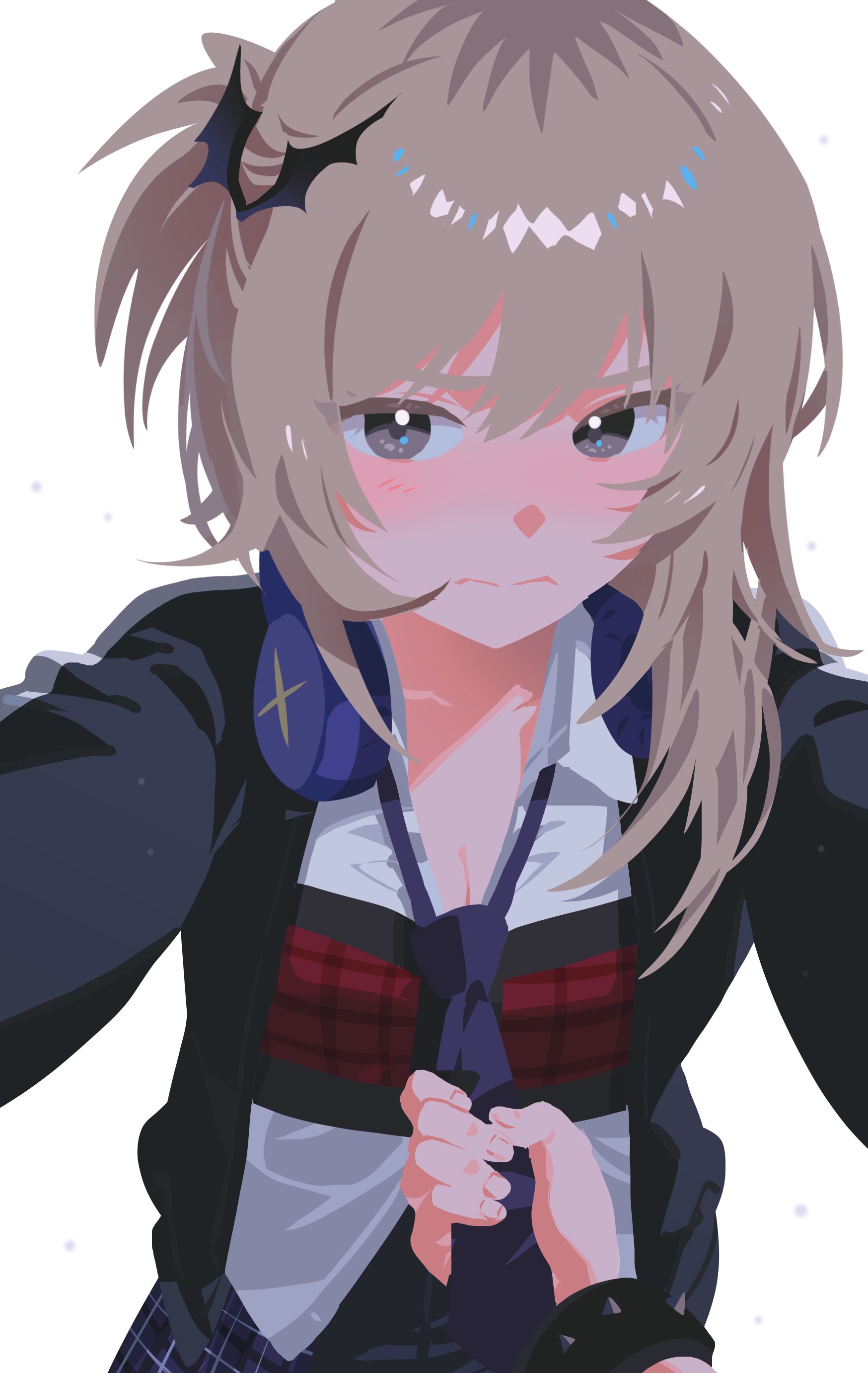 habsida (habsida hpy), iseri nina, kawaragi momoka, girls band cry, absurdres, commentary, hashtag-only commentary, highres, 2girls, bat hair ornament, black jacket, blush, breasts, cleavage, closed mouth, clothes grab, female pov, grey eyes, grey hair, hair ornament, headphones, headphones around neck, jacket, long hair, looking at viewer, multicolored hair, multiple girls, necktie, necktie grab, neckwear grab, pov, roots (hair), shirt, simple background, solo focus, white background, white shirt, yuri