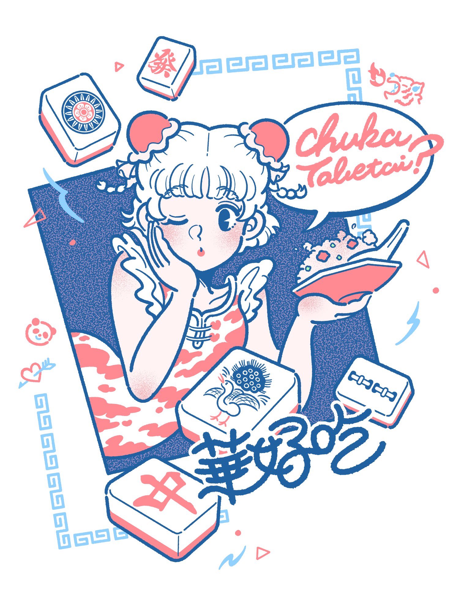 3kaku illust, original, commentary, highres, 1girl, :o, black eyes, bowl, breath weapon, breathing fire, bun cover, double bun, fire, food, fried rice, hair bun, hand on own face, holding, holding bowl, looking at viewer, mahjong, mahjong tile, meandros, one eye closed, patterned, romaji commentary, romaji text, short hair, simple background, solo, tiger, upper body, white background, white hair