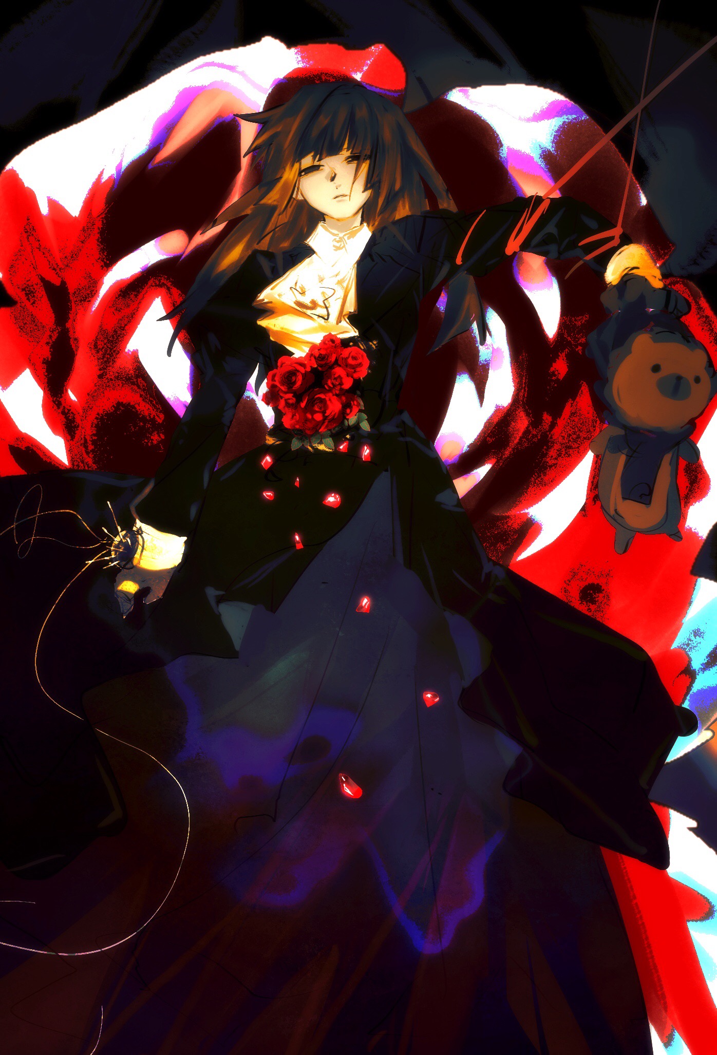 ushiromiya rosa, umineko no naku koro ni, highres, 1girl, ascot, black eyes, black jacket, black skirt, blunt bangs, bouquet, brown hair, empty eyes, feet out of frame, floating clothes, floating hair, flower, half-closed eyes, head tilt, holding, holding stuffed toy, jacket, long hair, parted lips, red flower, red rose, rose, skirt, solo, straight-on, stuffed animal, stuffed toy, white ascot, xinjinjumin700743483083