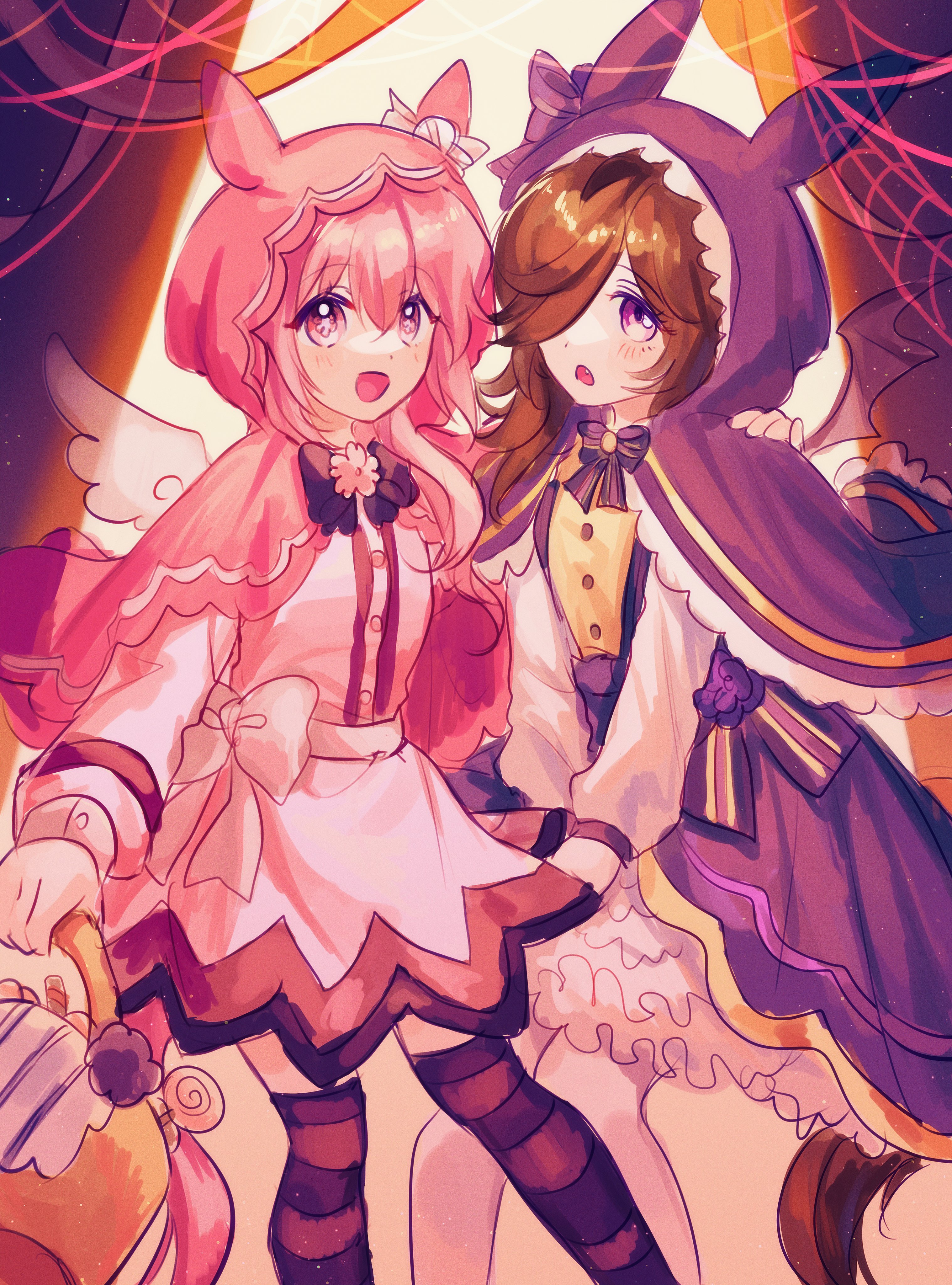 camellia (camel mal), haru urara (umamusume), rice shower (umamusume), umamusume, absurdres, highres, 2girls, alternate costume, angel wings, animal ears, basket, blush, bow, brown hair, cape, demon wings, dress, ear bow, ear covers, flipped hair, flower-shaped pupils, flower in eye, hair over one eye, halloween, halloween costume, holding, holding basket, hood, hood up, horse ears, horse girl, horse tail, long hair, long sleeves, looking at viewer, multiple girls, open mouth, pink cape, pink dress, pink eyes, pink hair, pink hood, purple cape, purple dress, purple eyes, purple hood, silk, smile, spider web, striped clothes, striped thighhighs, symbol-shaped pupils, symbol in eye, tail, thighhighs, white thighhighs, wings