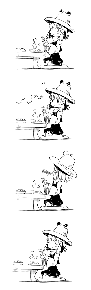 sonson (eleven), moriya suwako, touhou, long image, tall image, ''', 4koma, bug, comic, female focus, fly, greyscale, hat, long tongue, monochrome, silent comic, tongue, tongue out