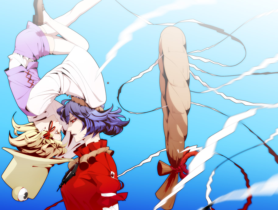 fugi jis, moriya suwako, yasaka kanako, touhou, 2girls, blonde hair, blue hair, female focus, frog, hairband, hat, multiple girls, red eyes, rope, shide, shimenawa, short hair, thighhighs